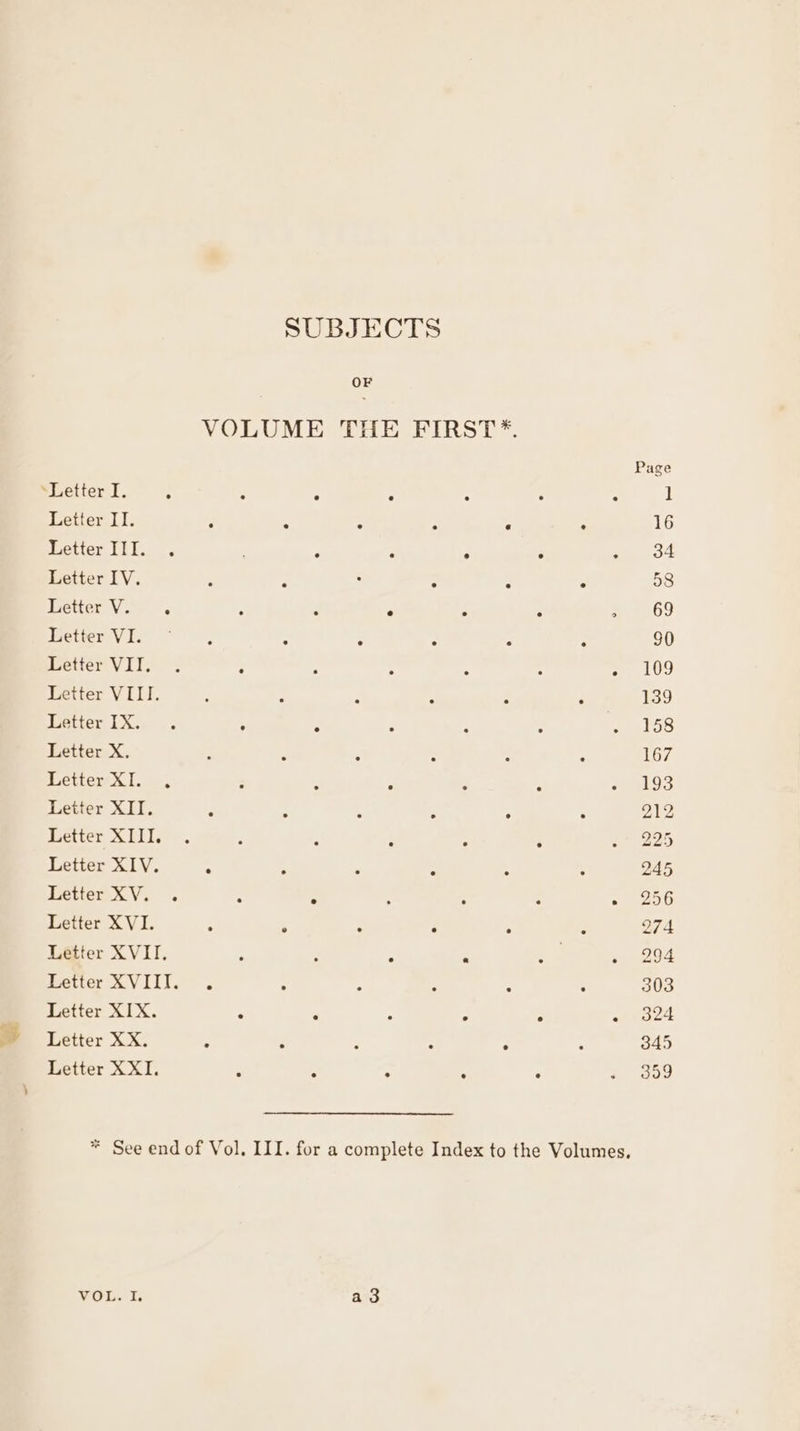 “Letter I. Letter II. Letter IIT. Letter IV. Letter V. Letter VI. Letter VII. Letter VIII. Letter IX. Letter X, Letter XI. Letter XII. Letter XIII. Letter XIV. Letter XV. Letter XVI. Letter XIX. Letter XX. Letter X XI. SUBJECTS OF VOLUME THE FIRST*.