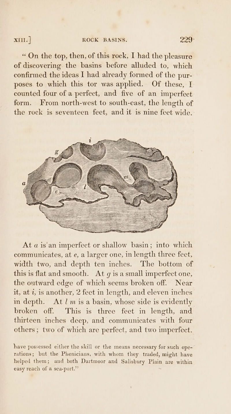 “On the top, then, of this rock, I had the pleasure of discovering the basis before alluded to, which confirmed the ideas I had already formed of the pur- poses to which this tor was appled. Of these, [ counted four of a perfect, and five of an imperfect form. From north-west to south-east, the length of the rock is seventeen feet, and it is nine feet wide. At a is an imperfect or shallow basin; into which communicates, at e, a larger one, in length three feet, width two, and depth ten inches. The bottom of this is flat and smooth. At g is a small imperfect one, the outward edge of which seems broken off. Near it, at 2, is another, 2 feet in length, and eleven inches im depth. At /m is a basin, whose side is evidently broken off. This is three feet in length, and thirteen inches deep, and communicates with four others; two of which are perfect, and two imperfect. have possessed either the skill or the means necessary for such ope- rations; but the Phenicians, with whom they traded, might have helped them; and both Dartmoor and Salisbury Plain are within easy reach of a sea-port.”’