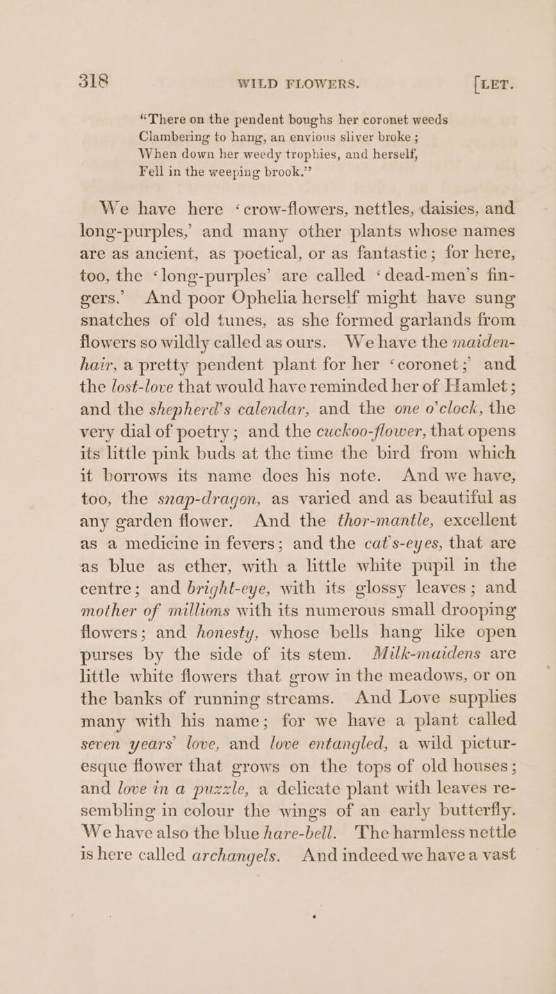 “There on the pendent boughs her coronet weeds Clambering to hang, an envious sliver broke ; When down her weedy trophies, and herself, Fell in the weeping brook.” We have here ‘crow-flowers, nettles, daisies, and long-purples, and many other plants whose names are as ancient, as poetical, or as fantastic; for here, too, the ‘long-purples’ are called ‘dead-men’s fin- gers. And poor Ophelia herself might have sung snatches of old tunes, as she formed garlands from flowers so wildly called as ours. We have the maiden- hair, a pretty pendent plant for her ‘coronet; and the lost-love that would have reminded her of Hamlet ; and the shepherd’s calendar, and the one o'clock, the very dial of poetry; and the cuckoo-flower, that opens its little pink buds at the time the bird from which it borrows its name does his note. And we have, too, the snap-dragon, as varied and as beautiful as any garden flower. And the thor-mantle, excellent as a medicine in fevers; and the cat’s-eyes, that are as blue as ether, with a little white pupil in the centre; and bright-eye, with its glossy leaves; and mother of millions with its numerous small drooping flowers; and honesty, whose bells hang hke open purses by the side of its stem. Mulk-maidens are little white flowers that grow in the meadows, or on the banks of running streams. And Love supplies many with his name; for we have a plant called seven years love, and love entangled, a wild pictur- esque flower that grows on the tops of old houses ; and love ina puzzle, a delicate plant with leaves re- sembling in colour the wings of an early butterfly. We have also the blue hare-bell. The harmless nettle is here called archangels. And indeed we havea vast