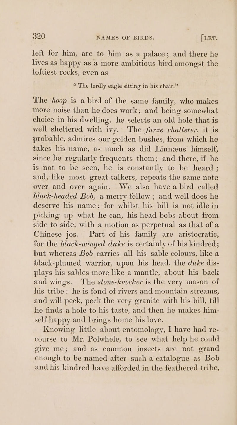 left for him, are to him as a palace; and there he lives as happy as a more ambitious bird amongst the loftiest rocks, even as “The lordly eagle sitting in his chair.” The hoop is a bird of the same family, who makes more noise than he does work; and being somewhat choice in his dwelling, he selects an old hole that is well sheltered with ivy. ‘The furze chatterer, it is probable, admires our golden bushes, from which he takes his name, as much as did Linneus himself, since he regularly frequents them; and there, if he is not to be seen, he is constantly to be heard ; and, like most great talkers, repeats the same note over and over again. We also havea bird called black-headed Bob, a merry fellow ; and well does he deserve his name; for whilst his bill is not idle in picking up what he can, his head bobs about from side to side, with a motion as perpetual as that of a Chinese jos. Part of his family are aristocratic, for the black-winged duke is certainly of his kindred; but whereas Bob carries all his sable colours, like a black-plumed warrior, wpon his head, the duke dis- plays his sables more like a mantle, about his back and wings. ‘The stone-knocker is the very mason of his tribe: he is fond of rivers and mountain streams, and will peck, peck the very granite with his bill, till he finds a hole to his taste, and then he makes him- self happy and brings home his love. Knowing little about entomology, I have had re- course to Mr. Polwhele, to see what help he could give me; and as common insects are not grand enough to be named after such a catalogue as Bob and his kindred have afforded in the feathered tribe,