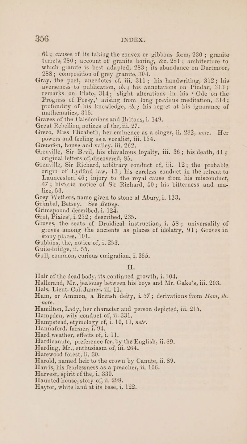 61; causes of its taking the convex or yibbous form, 230 ; granite turrets, 280; account of granite boring, &amp;c. 2831; architecture to which granite is best adapted, 283; its abundance on Dartmoor, 288; composition of grey granite, 304. Gray, the poet, anecdotes of, iii, 311; his handwriting, 312; his averseness to publication, ib.; his annotations on Pindar, 313; remarks on Plato, 314; slight alterations in his * Ode on the Progress of Poesy,’ arising from long previous meditation, 314; profundity of his knowledge, 7.; his regret at his ignorance of mathematics, 315. Graves of the Caledonians and Britons, i. 149. Great Rebellion, notices of the, ii. 27. Greco, Miss Elizabeth, her eminence as a singer, il. 282, note. Her powers and feeling as a vocalist, ili, 154. Grenofen, house and valley, iii. 262. Grenville, Sir Bevil, his chivalrous loyalty, iii. 36; his death, 41 ; original letters of, discovered, 85, Grenville, Sir Richard, arbitrary conduct of, ii, 12; the probable origin of Lydford law, 13; his careless conduct in the retreat to Launceston, 46; injury to the royal cause from his misconduct, 47 ; histuric notice of Sir Richard, 0; his bitterness and ma- lice, 53. Grey Wethers, name given to stone at Abury,i. 123. Grimbal, Betsey. See Betsey. Grimspound described, 1. 124, Grot, Pixies’, i. 232; described, 235. Groves, the seats of Druidical instruction, i, 58; universality of groves among the ancients as places of idolatry, 91; Groves in stony places, 101. Gubbins, the, notice of, i. 253. Guile-bridge, 11. 55. Gull, common, curious emigration, i. 355. H, Hair of the dead body, its continued growth, i. 104. Hallerand, Mr., jealousy between his boys and Mr. Cake’s, iii. 203. Hals, Lieut. Col. James, iii. 11. Ham, or Ammon, a British deity, 1.57; derivations from Ham, ib. note, Hamilton, Lady, her character and person depicted, iii. 215. Hampden, wily conduct of, 11. 331. Hampstead, etymology of, i. 10, 11, note. Hannaford, farrner, 1. 94. Hard weather, effects of, i. 11. Hardicanute, preference for, by the English, ii. 89, Harding, Mr., enthusiasm of, iii, 264, Harewood forest, ii. 30. Harold, named heir to the crown by Canute, ii. 89. Harris, his fearlessness as a preacher, i, 106. Harvest, spirit of the, i. 330. Haunted house, story of, ii. 298. Haytor, white land at its base, i. 122.