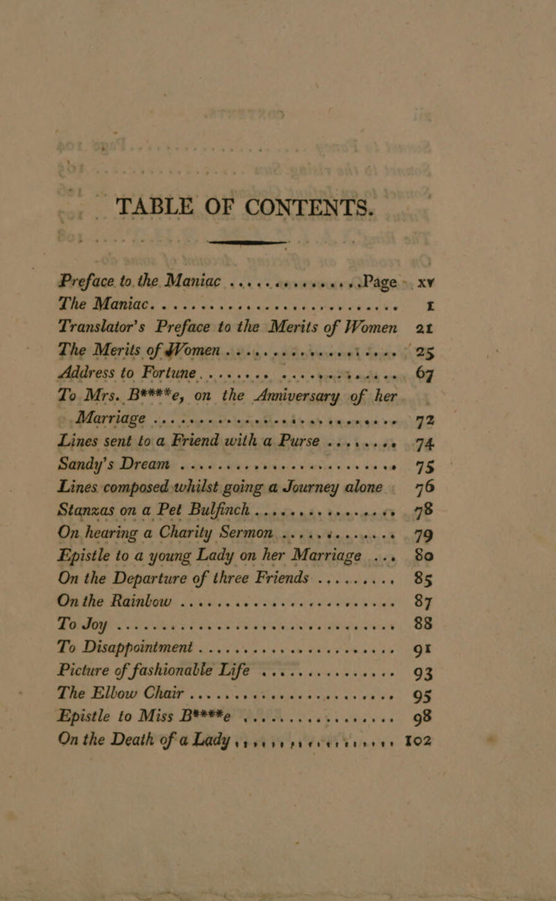 TABLE OF CONTENTS. Preface to, the Maniac ......,,,,,,,,.Page &gt;. xv ee UES ico) be des dar es ere d ant e I Translator’s Preface to the Merits 7 Women 21 The Merits of Women . . Anissa Sent 2 Address to Fortune. . + ; 67 To Mrs. B****e, on he pr Ai és av a | Marriage ....... noode ae vues ce 72 Lines sent toa Friend with a PUTSC 0:60 node oh Sandy's Dreams: caso ue n'éténie namvon n os oss ° 75 Lines composed whilst going a dot alone : 76 Stanzas on a Pet Bulfinch......:.....,.,. » . 78 On hearing a Charity Sermon .....:......: 79 Epistle to a young Lady on her Marriage ... 80 On the Departure of three Friends ......... 85 Ne Sere eee es d'en a ee Un puise 87 (CP ee eee LUS DITS EE eee 88 fe rere re eee gt Picture of fashionable Life ............... 93 Be Elbout GHEE ves wees Shelia aces sis eye 95 Ppttle to Miss DR ne so 0 98 On the Death of a Lady,,,,,, ea frenee 11: 102