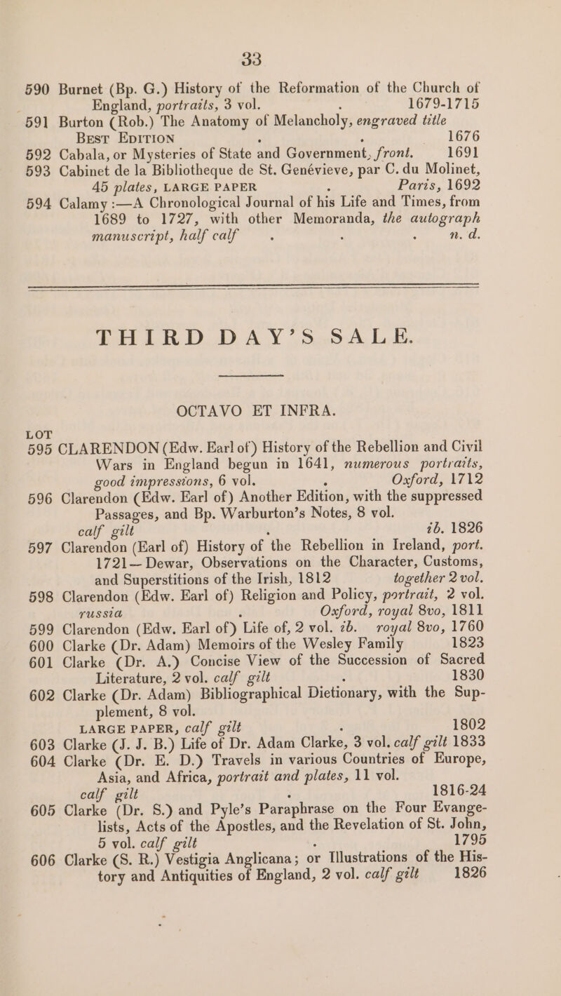 590 Burnet (Bp. G.) History of the Reformation of the Church of 7 England, portraits, 3 vol. ; 1679-1715 591 Burton (Rob.) The Anatomy of Melancholy, engraved title Best EDITION ; : — —- 1676 592 Cabala, or Mysteries of State and Government, front. 1691 593 Cabinet de la Bibliotheque de St. Genévieve, par C. du Molinet, 45 plates, LARGE PAPER : Paris, 1692 594 Calamy :—A Chronological Journal of his Life and Times, from 1689 to 1727, with other Memoranda, the autograph manuscript, half calf ‘ : ; tad. THIRD DAY’S SALE. OCTAVO ET INFRA. LOT 595 CLARENDON (Edw. Earl of ) History of the Rebellion and Civil Wars in England begun in 1641, numerous portrarts, good impressions, 6 vol. a Oxford, 1712 596 Clarendon (Edw. Earl of) Another Edition, with the suppressed Passages, and Bp. Warburton’s Notes, 8 vol. calf gilt ‘ tb. 1826 597 Clarendon (Earl of) History of the Rebellion in Ireland, port. 1721— Dewar, Observations on the Character, Customs, and Superstitions of the Irish, 1812 together 2 vol. 598 Clarendon (Edw. Earl of) Religion and Policy, portrait, 2 vol. TUSSIA : Oxford, royal 8vo, 1811 599 Clarendon (Edw. Earl of) Life of, 2 vol. 2b. royal 8vo, 1760 600 Clarke (Dr. Adam) Memoirs of the Wesley Family 1823 601 Clarke (Dr. A.) Concise View of the Succession of Sacred Literature, 2 vol. calf gult : 1830 602 Clarke (Dr. Adam) Bibliographical Dietionary, with the Sup- plement, 8 vol. LARGE PAPER, calf gilt : 1802 603 Clarke (J. J. B.) Life of Dr. Adam Clarke, 3 vol. calf gilt 1833 604 Clarke (Dr. E. D.) Travels in various Countries of Europe, Asia, and Africa, portrait and plates, 11 vol. calf gilt 4 1816-24 605 Clarke (Dr. 8.) and Pyle’s Paraphrase on the Four Evange- lists, Acts of the Apostles, and the Revelation of St. John, 5 vol. calf gilt : 1795 606 Clarke (S. R.) Vestigia Anglicana; or Illustrations of the His- tory and Antiquities of England, 2 vol. calf gelt 1826