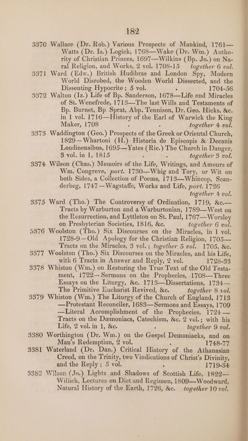 3370 Wallace (Dr. Rob.) Various Prospects of Mankind, 1761— Watts (Dr. Is.) Logick, 1768—Wake (Dr. Wm.) Autho- rity of Christian Princes, 1697—-Wilkins (Bp. Jo.) on Na- ral Religion, and Works, 2 vol. 1708-15 — together 6 vol. 3371 Ward (Edw.) British Hudibras and London Spy, Modern World Disrobed, the Wooden World Dissected, and the Dissenting Hypocrite ; 5 vol. 1704-56 3372 Walton (Iz.) Life of Bp. Sanderson, 1678-—Life and Miracles of St. Wenefrede, 1713—The last Wills and Testaments of Bp. Burnet, Bp. Sprat, Abp. Tennison, Dr. Geo. Hicks, &amp;c. in 1 vol. Fe ee of the Earl of Warwick the King Maker, 1708 together 4 vol. 3373 Waddington (Geo.) Brees of the Gr eek or Oriental Church, 1829—Whartoni (H.) Historia de Episcopis &amp; Decanis Londinensibus, 1695— Yates (Ric.) The Church in Danger, 3 vol. in 1, 1815 : together 3 vol. 3374 Wilson (Chas.) Memoirs of the Life, Writings, and Amours of Wm. Congreve, port. 1730—Whig and Tory, or Wit on both Sides, a Collection of Poems, 1713—Whincop, Scan- derbeg, 1747 —Wagstaffe, Works and Life, port. 1726 together 4 vol. 3375 Ward (Tho.) The Controversy of Ordination, 1719, &amp;c— Tracts by Warburton and a Warburtonian, 1789-——West on the Resurrection, and Lyttleton on St. Paul, 1767—Worsley on Presbyterian Societies, 1816, &amp;c. together 6 vol. 5376 Woolston (Tho.) Six Discourses on the Miracles, in 1 vol. 1728-9—Old Apology for the Christian Religion, 1705— Tracts on the Miracles, 3 vol.; together 5 vol. 1705, &amp;c. 3377 Woolston (Tho.) Six Discourses on the Miracles, and his Life, with 6 Tracts in Answer and Reply, 2 vol. 1728-33 3378 Whiston (Wm.) on Restoring the True Text of the Old Testa- ment, 1722—Sermons on the Prophecies, 1708—Three Essays on the Liturgy, &amp;c. 1713—Dissertations, 1734— The Primitive Eucharist Revived, &amp;c. together 8 vol. 3379 Whiston (Wm.) The Liturgy of the Church of England, 1713 —Protestant Reconciler, 1683—Sermons and Essays, 1709 —Literal Accomplishment of the Prophecies, 1724 — Tracts on the Demoniacs, Catechism, &amp;c. 2 vol.; with his Life, 2 vol. in 1, &amp;e. together 9 vol. 3380 Worthington (Dr. Wm.) on the a Ramoniacks, and on Man’s Redemption, 2 vol. 1748-77 3381 Waterland (Dr. Dan.) Critical History of the Athanasian Creed, on the Trinity, two Vindications of Christ’s Divinity, and the Reply ; 5 vol. 1719-34 3382 Wilson (Jo.) Lights and Shadows of Saaeicn Life,.. 1829— Willich, Lectures on Diet and Regimen, 1809—.Woodward, Natural History of the Earth, 1726, &amp;c. together 10 vol.