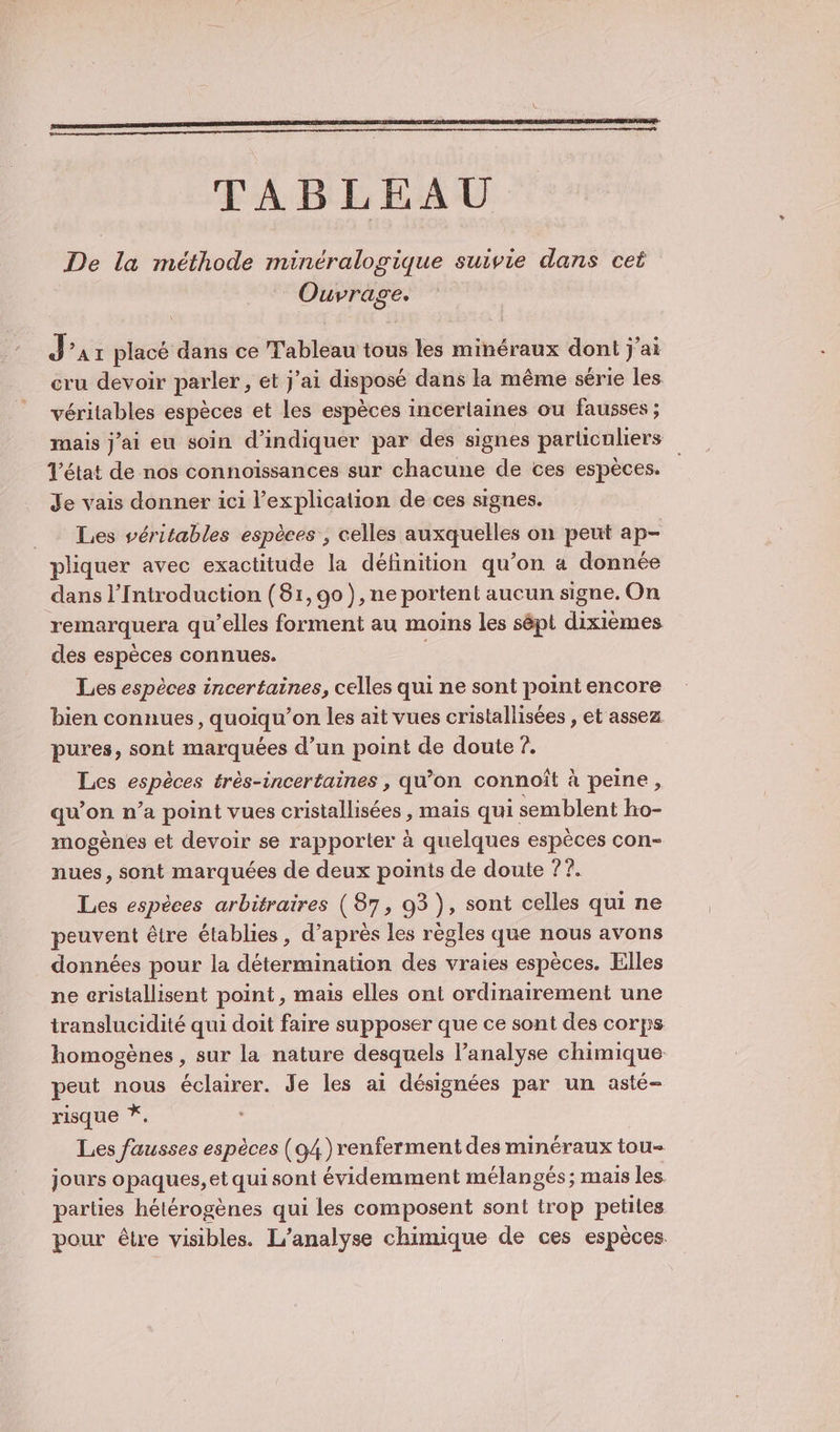 TABLEAU De la méthode minéralogique suivie dans cet si pc K J A1 placé dans ce Tableau tous les minéraux dont j'ai cru devoir parler, et j'ai disposé dans la même série les véritables espèces et les espèces inceriaines ou fausses ; mais j’ai eu soin d'indiquer par des signes particuliers état de nos connoissances sur chacune de ces espèces. Je vais donner ici l'explication de ces signes. _ Les véritables espèces, celles auxquelles on 7e ap- pliquer avec exactitude la définition qu’on 4 donnée dans l’Introduction (81,90), ne portent aucun signe, On remarquera qu’elles forment au moins les sépt dixièmes des espèces connues. Les espèces incertaines, celles qui ne sont point encore bien connues, quoiqu’on les ait vues cristallisées , et assez pures, sont marquées d’un point de doute ?. Les CsPesss très-incertaines , qu’on connoît à peine, qu’on n’a point vues cristallisées , maïs qui : semblent ho- mogènes et devoir se rapporter à quelques espèces con- nues, sont marquées de deux points de doute ??. Les espèces arbitraires (87, 93 ), sont celles qui ne peuvent être établies, d’après les règles que nous avons données pour la détermination des vraies espèces. Elles ne eristallisent point, maïs elles ont ordinairement une translucidité qui doit faire supposer que ce sont des corps homogènes , sur la nature desquels l'analyse chimique peut nous éclairer. Je les ai désignées par un asté- risque *. Les fausses espèces (94 renferment des minéraux tou- jours opaques, et qui sont évidemment mélangés; mais les parties hétérogènes qui les composent sont trop petiles pour être visibles. L'analyse chimique de ces espèces.