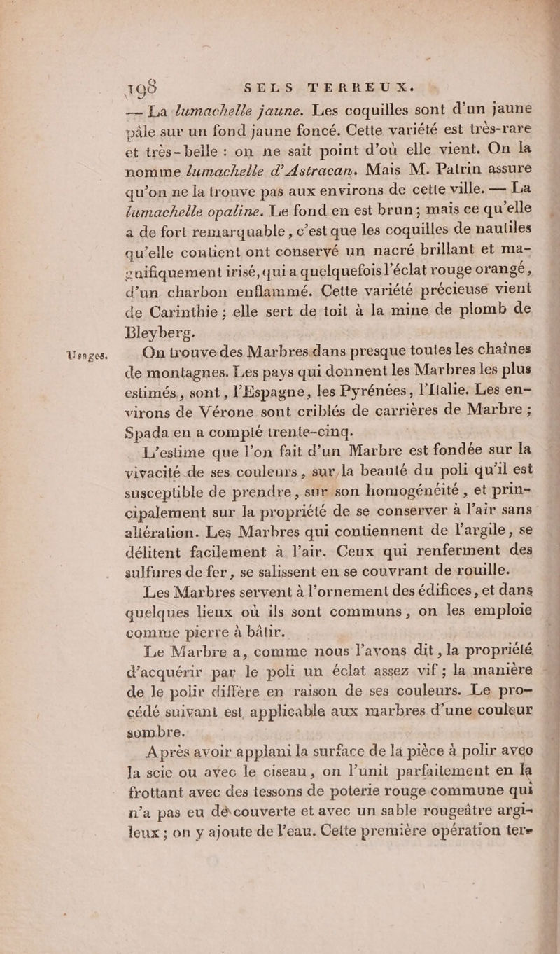 — La lumachelle jaune. Les coquilles sont d’un jaune pâle sur un fond jaune foncé. Cette variété est très-rare et très- belle : on ne sait point d’ou elle vient. On la nomme /umachelle d Astracan. Mais M. Patrin assure qu’on ne la trouve pas aux environs de cette ville. — La lumachelle opaline. Lie fond en est brun; mais ce qu'elle a de fort remarquable, c’est que les coquilles de nautiles qu’elle contient ont conservé un nacré brillant et ma- “uifiquement irisé, qui a quelquefois l'éclat rouge orangé, d’un charbon enflammé. Cette variété précieuse vient de Carinthie ; elle sert de toit à la mine de plomb de Bleyberg. On trouve des Marbresdans presque toules les chaînes de montagnes. Les pays qui donnent les Marbres les plus estimés, sont, l'Espagne, les Pyrénées, l’Lialie. Les en- virons de Vérone sont criblés de carrières de Marbre ; Spada en a compié trente-cinq. L’estime que l’on fait d’un Marbre est fondée sur la vivacité de ses couleurs, sur,la beauté du poli qu'il est susceptible de prendre, sur son homogénéité , et prin- allération. Les Marbres qui contiennent de l'argile, se délitent facilement à l'air. Ceux qui renferment des sulfures de fer , se salissent en se couvrant de rouille. Les Marbres servent à l’ornement des édifices, et dans quelques lieux où ils sont communs, on les emploie comme pierre à bâtir. Le Marbre a, comme nous l'avons dit, la propriélé d'acquérir par le poli un éclat assez vif; la manière de le polir diffère en raison de ses couleurs. Le pro- cédé suivant est applicable aux marbres d’une couleur sombre. Après avoir applani la surface de la pièce à polir avec la scie ou avec le ciseau, on l’unit parfaitement en le frottant avec des tessons de poterie rouge commune qui n’a pas eu découverte et avec un sable rougeâtre argi- leux ; on y ajoute de l’eau. Celte première opération terr ur De to cou A LR