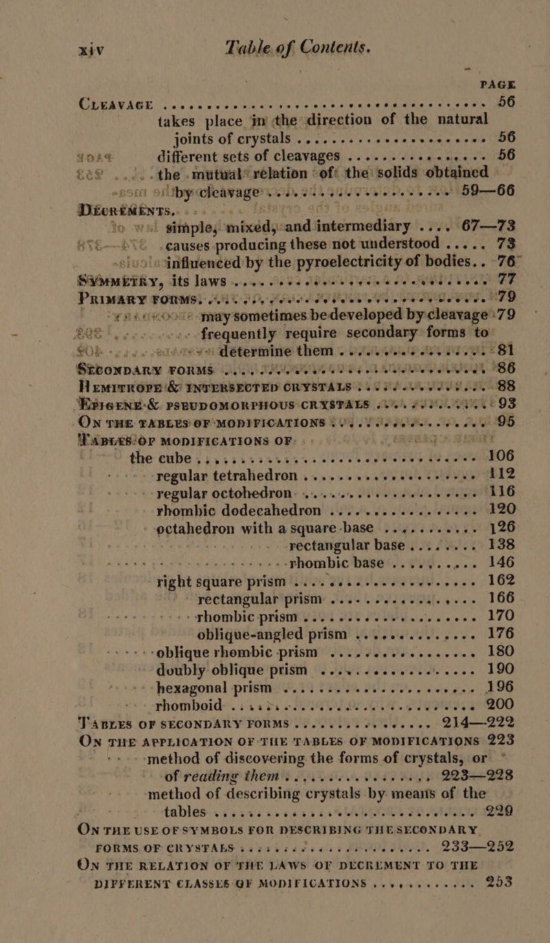 PAGE COPA EBE elo oo ood okeea hc iw 5 le tes FOr ate Bag ee ae en takes place im the direction of the natural joints of crystals .,.....-+eeceeveservee 56 TORE different sets of cleavages .......-.2-00+-- 56 ee . the -mutwal” ssiaite rua atk vipans botuls sich oumtgl pif 1 osltbyye cleavage £250, 908 SULT Re BS “59-66 Dienssienns. boos ee / ‘to wel simples: iL iiae cds icstomadiey -+e+ 67—73 m _causes producing these not understood ..... 73 seiuo oe anfluenced: by the pba nonsnunte of bodies. Pal (2 S¥ Venvity, Jts JAWS 05 SEES TE MURS OED E per oe SAT AD MEAG PION ROOT UID ¥ SAOOOUE ey pola be: decaegel imolemenpe 79 BOS ba gee: - freneenl? require paca a astra to bs Si didint Bley Sido sue ORE A a ME EBA Gthoxnans FORMS wees lee ee ee el eee bees ee eeWees 86 Hemrrrope'&amp; Pe kB RET ED OVERALLS HUE ASR ‘Exierne-&amp;. pseupomorpnous CRYSTALS 60. Fda 98 _ON THE TABLES OF “MODIFICATIONS 20). 0 dds. oe e's 95 Papies. OF MODIFICATIONS OF: BAER] Fs SOT the iste Ti hha save cs TRIG Sl CRE de Hoe 106 regular tetrahedron .....++eseeeeceeeese F12 regular octohedron: 2... ee eee cess er ceee LIG rhombic dodecahedron .........6.2++++2 120 pptahedron with asquare-base ........... 126 rectangular base........ 138 Tada te oe ee. --vhombic base ....,..... 146 right square prism .... see seeeeereeeees 162 - yectangular prism: ...-. ee. cceee eee 166 -shombic prisms... 6. ee eee eee cee e 170 oblique-angled prism ....0.....-+-- 176 -»+++-oblique rhombic prism ....¢ceeseeeeeee- 180 doubly oblique prism .....-0e20.------- 190 hexagonal prism. ...5 02. e eke eee coer ee 196 rhomboid. s.ad3 08 Br .49. Seo 200 JABLES OF SECONDARY FORMS .......-¢2 eeeee. 214—222 ON THE APPLICATION OF THE TABLES OF MODIFICATIONS 223 ‘method of discovering the forms of crystals, or * “of reailing’ thems &lt;A bsieve Dede Boys 223—223 method of describing crystals by means of the tables .issvd ocean a ss VAG LOS 90 GR 28 On THE USE OF SYMBOLS FOR DESCRIBING THE SECONDARY. FORMS.OF CRYSTALS boss ccc cu ewe eedeee. 233-—252 ON THE RELATION OF THE LAWS OF DECREMENT TO THE DIFFERENT CLASSES QF MODIFICATIONS ..4,...++... 203