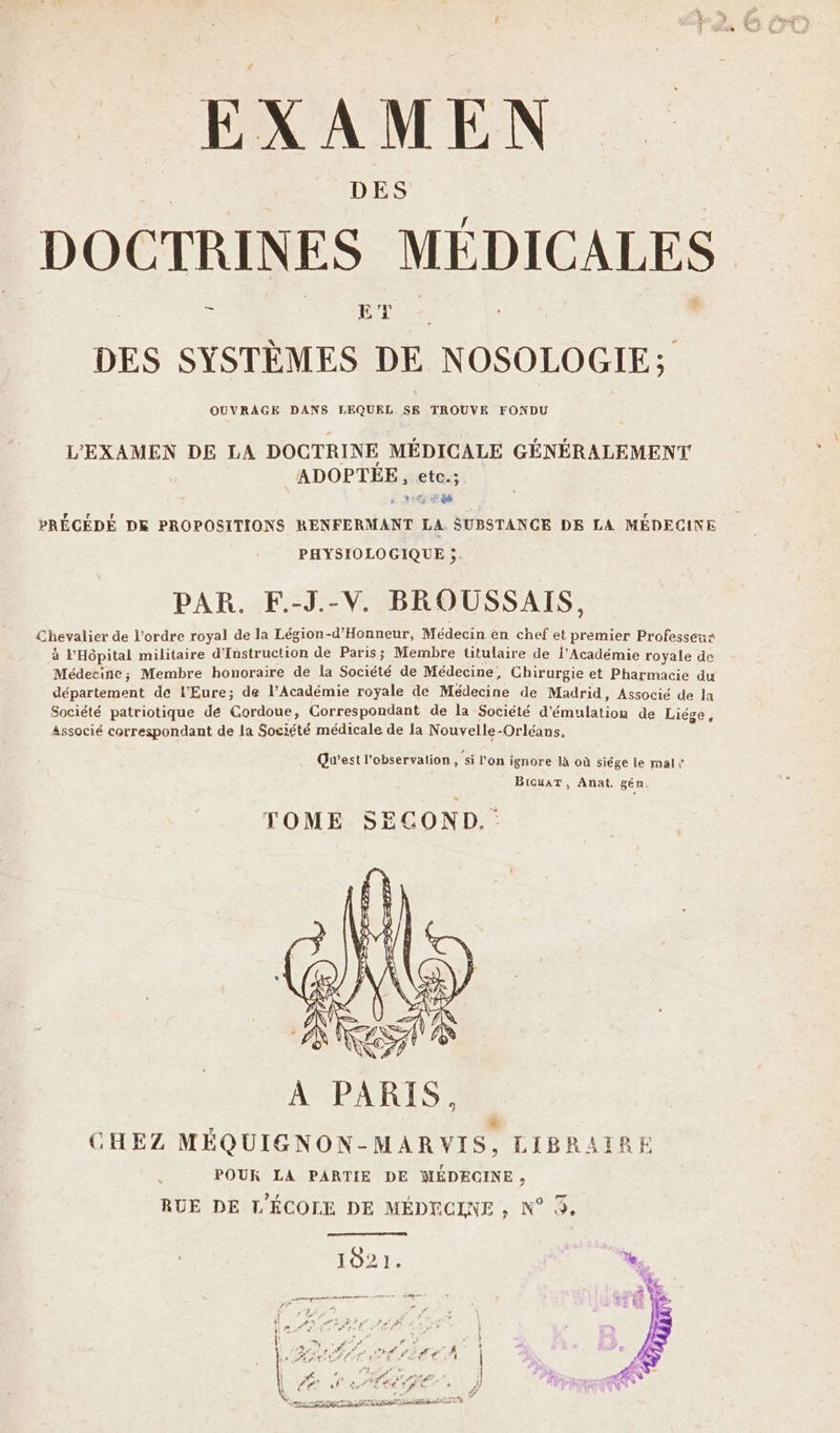 4 EXAMEN DOCTRINES MÉDICALES DES SYSTÈMES DE NOSOLOGIE; QUVRAGE DANS LEQUEL SE TROUVE FONDU L'EXAMEN DE LA DOCTRINE MÉDICALE GÉNÉRALEMENT ADOPTÉE, etc.; à NET dR PRÉCÉDÉ DK PROPOSITIONS KENFERMANT LA SUBSTANCE DE LA MÉDECINE PHYSIOLOGIQUE ; PAR. F.-J.-V. BROUSSAIS, Chevalier de l’ordre royal de la Légion-d’Honneur, Médecin en chef et premier Professeus à l'Hôpital militaire d'Instruction de Paris; Membre titulaire de l’Académie royale de Médecine; Membre honoraire de la Société de Médecine, Chirurgie et Pharmacie du département de l'Eure; de l’Académie royale de Médecine de Madrid, Associé de la Société patriotique dé Cordoue, Correspondant de la Société onto de Liége, associé correspondant de la Société médicale de la Nouvelle-Orléans. Qu'est l'observation, ‘si l'on ignore là où siége le mal BiouaAT, Anat. gén TOME SECOND. À PARIS, è CHEZ MÉQUIGNON-MARVIS, LIBRAIRE POUR LA PARTIE DE MÉDECINE, RUE DE L'ÉCOLE DE MÉDECINE , N° 3, 1921 nn ri -dareue-crtt DER La * à NME ‘4 LT , ) +