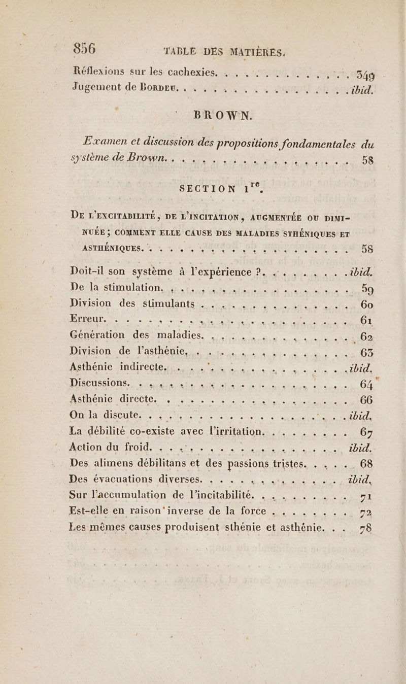 Réflexions sur les cachexies. Jugement de Borne. . . . . e système de Brown., , . .. LA ASTHÉNIQUES. « « « « « « « De la stimulation. , . . . . Division des stimulants . . Erreur. . . RQ ER Génération des maladies. Division de l’asthénie, . . Asthénie indirecte. . . .’. Discussions. DA TN RE Votes Asthénie directe. , . . . . Ousla-discute nn ME Action du froid. tien L L2 , e COINS ibid. . 59 00 .… O1 .., 62 08 .tbid. . 64 . 66 tbid, : 07 bi, .. 68 zbid. A «. 72 «5 7È