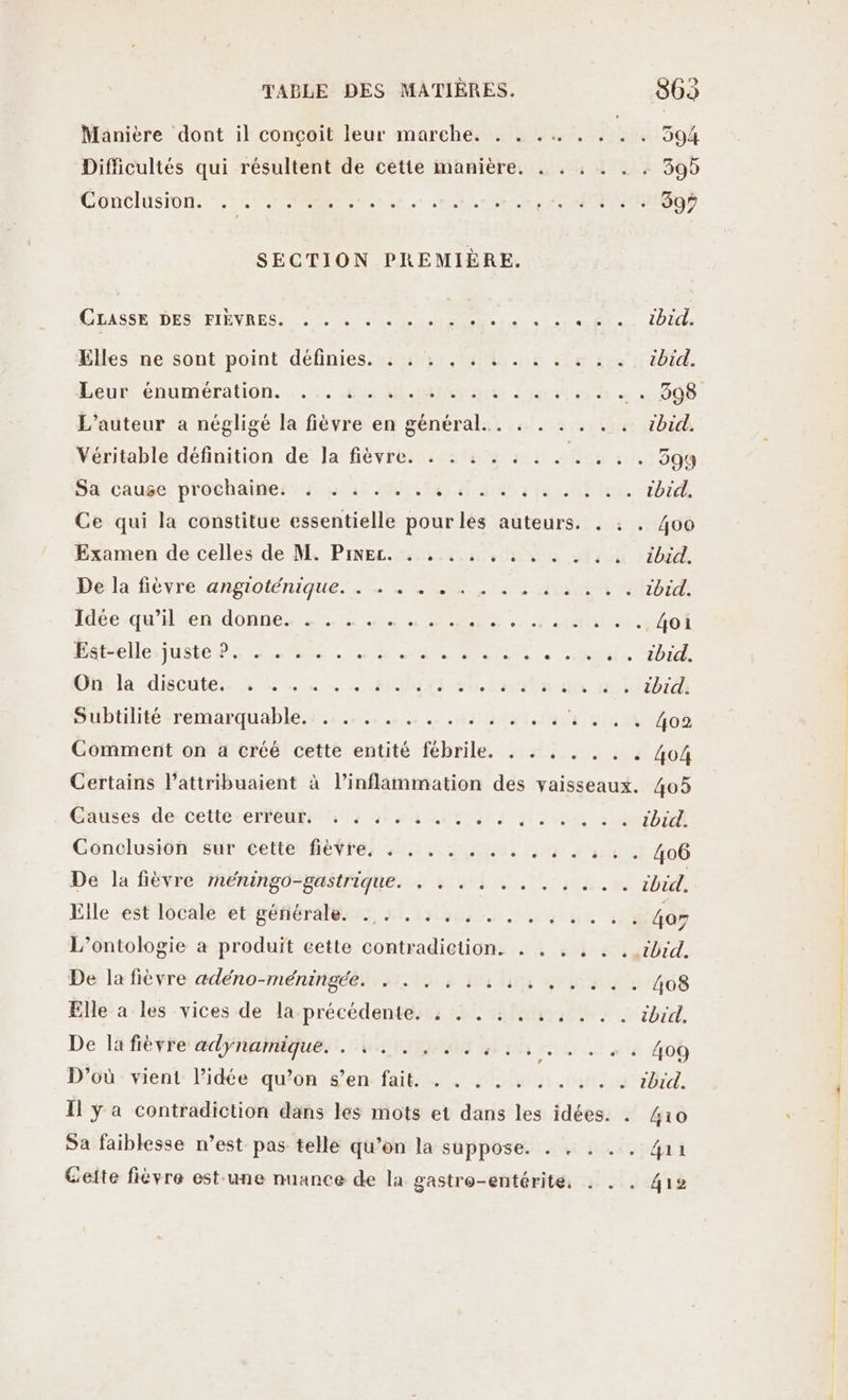 Manière dont il conçoit leur marche. . . .… . . É 594 Difficultés qui résultent de cette manière. . . : 395 CONCIUSION. 0: AE. 39% SECTION PREMIÈRE. (BASSE DESN FIEVRES. Le. cle ts sb UC Elles ne sont point définies. : : : , 5 &amp; . + : ibid. Leur énümération. .:. 21 Mer Ge drasre 398 L'auteur a négligé la fièvre en général... . tbid. Véritable définition de Ja fièvre. . . : : : . . . . . . 59ÿ Sa cauge. prochaines ts yat AS le al dote tbid. Ce qui la constitue essentielle pour les auteurs. . : . 400 Examen de celles de M. PiINEz. . , ... , à: . . » ibid. Be la fièvre angiolénique SOLE ua tbid. Idfequ'len donnes #1 04 à 0 x CEE. . 4oi Habelles juste ns SOS CS MN TEEN, Le mis. “Thide On: la discute: ; :. … 4... AI shdarhs qu mehr Subtilité-remarquable.s .…... 410% Jus ul 40408 Comment on a créé cette entité fébrile. . . . . . . . 404 Certains l’attribuaient à l’inflammation des vaisseaux. 405 Causes de cette-erPédis 14 Ain Liu y JA 4 ibid Gônolusiéf, sur cette: fière, +... 4.0, : à + 5: 0 406 De la fièvre Mméningo-gpastrique. . . . à... tbi. Elle est locale et générale. . . . . .. 4oy L’ontologie à produit eette contradiction. . . , , . , ibid. De la fièvre adéno-méningée. . . . , . .:. Sr 1168 Elle a les vices de la-précédente. : : . : . 4 : . . bic. De la fièvre dynamique. . . . . . ... 409 D'où : vient l’idée qu’on s’en fait. . . : . . F1. 1bid. I y a contradiction dans les mots et dans les idées. . 410 Sa faiblesse n’est pas telle qu’on la suppose. . . . . . 4a1 Geite fièvre est-une nuance de la gastre-entérité, . . . 419 ñ B