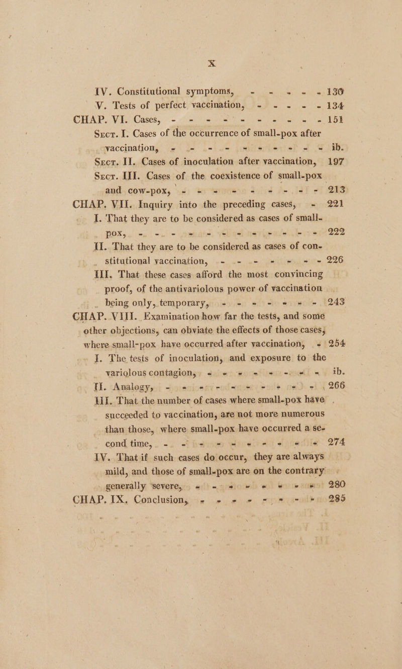 x IV. Constitutional symptoms, - - ~. = ~- 130 VY. Tests of perfect vaccination, - - - - ~ 134 CHAP. Vix Cases, - 9 oS ee es ee a DE Srcr. I. Cases of the occurrence of small-pox after vaccination, =» .= =.= = = = = = = ib. Secr. II. Cases of inoculation after vaccination, 197 Sect. III. Cases of the coexistence of small-pox and cow-pox, - = = = = = 47 A ee CHAP. VII. Inquiry into the preceding cases, = 221 I. That they are to be considered as cases of small. PO el ec. een elle nereeedel bret 222 II. That they are to be considered as cases of con- stitutional vaccination, - .- - = = = = 226 III. That these cases afford the most convincing proof, of the antivariolous power of vaccination _ being only, temporary, - - = + = © =. 243 CHAP. VIII. Examination how far the tests, and some other objections, can obviate the effects of those cases, where small-pox have occurred after vaccination, - 254 I. The tests of inoculation, and exposure to the variglous contagiony; «)06: #0 =) sera =) Gb. TE. Analogy, = 9 e:ieryeodwo et ee ped - \ 266 Lil. That the number of cases where small-pox have . succeeded to vaccination, are not more numerous than those, where small-pox have occurred a se- cond time, - - 02 = = © + #= © = 274 1V. That if such cases do occur, they are always mild, and those of small-pox are on the contrary generally ‘severe, « - =» # © © &amp; 280