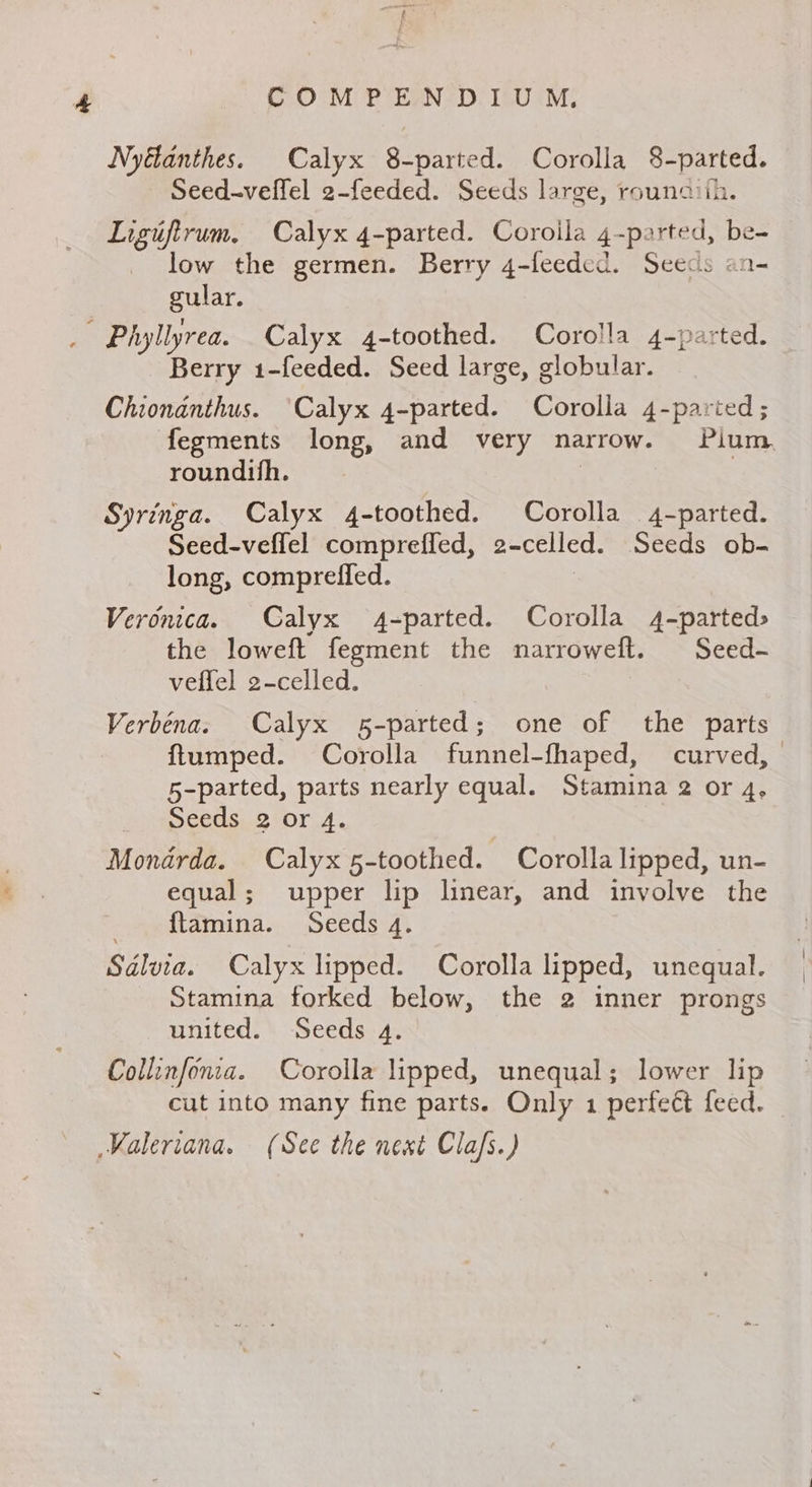 Nyéanthes. Calyx 8-parted. Corolla 8-parted. Seed-velfel 2-feeded. Seeds large, rounaiih. Ligijtrum, Calyx 4-parted. Coroila 4-parted, be- low the germen. Berry 4-feeded. Seeds an- gular. | Phyllyrea. Calyx 4-toothed. Corolla 4-parted. Berry 1-feeded. Seed large, globular. Chionanthus. ‘Calyx 4-parted. Corolla 4-paried; fegments long, and very narrow. Pium. roundifh. Syringa. Calyx 4-toothed. Corolla 4-parted. Seed-veffel compreffed, 2-celled. Seeds ob- long, compreffed. Veronica. Calyx 4-parted. Corolla 4-parted> the loweft fegment the narrowett. Seed- veffel 2-celled. Verbéna. Calyx 5-parted; one of the parts flumped. Corolla funnel-fhaped, curved, 5-parted, parts nearly equal. Stamina 2 or 4. Seeds 2 or 4. Mondrda. Calyx 5-toothed. Corolla lipped, un- equal; upper lip linear, and involve the {tamina. Seeds 4. Sélvia. Calyx lipped. Corolla lipped, unequal. Stamina forked below, the 2 inner prongs united. Seeds 4. Collinfonca. Corolla lipped, unequal; lower lip cut into many fine parts. Only 1 perfeét feed. Valeriana. (See the next Clafs.)