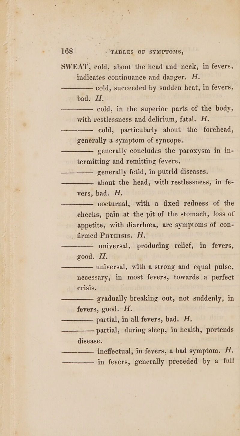 SWEAT, cold, about the head and neck, in fevers, indicates continuance and danger. H. cold, succeeded by sudden heat, in fevers, bad. HZ. cold, in the superior parts of the body, with restlessness and delirium, fatal. H. cold, particularly about the forehead, generally a symptom of syncope. ore generally concludes the paroxysm in in- termitting and remitting fevers. generally fetid, in putrid diseases. about the head, with restlessness, in fe- vers, bad. H. nocturnal, with a fixed redness of the cheeks, pain at the pit of the stomach, loss of appetite, with diarrhcea, are symptoms of con- firmed Puruisis. H. universal, producing relief, in fevers, good. H. universal, with a strong and equal pulse, necessary, in most fevers, towards a perfect crisis. gradually breaking out, not suddenly, in fevers, good. H. partial, in all fevers, bad. H. partial, during sleep, in health, portends disease. ineffectual, in fevers, a bad symptom. H. in fevers, generally preceded by a full eS