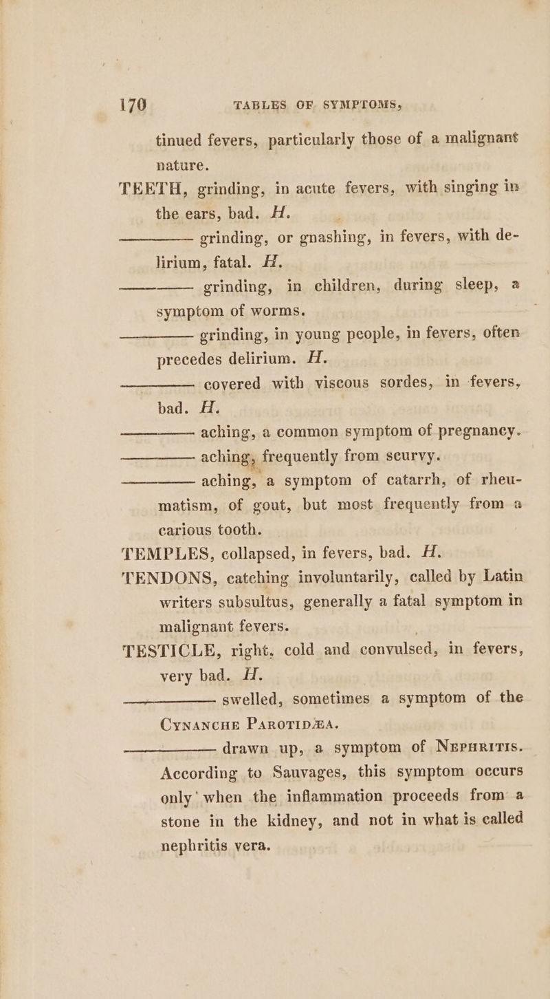 tinued fevers, particularly those of a malignant nature. TEETH, grinding, in acute fevers, with singing in the ears, bad. H. grinding, or gnashing, in fevers, with de- lirium, fatal. 4. grinding, in children, during sleep, a symptom of worms. grinding, in young people, in fevers, often precedes delirium. H. covered with viscous sordes, in fevers, bad. A. aching, a common symptom of pregnancy. aching, frequently from scurvy. aching, a symptom of catarrh, of rheu- matism, of gout, but most frequently from a carious tooth. TEMPLES, collapsed, in fevers, bad. 4. TENDONS, catching involuntarily, called by Latin writers subsultus, generally a fatal symptom in malignant fevers. TESTICLE, right, cold and convulsed, in fevers, very bad. H. swelled, sometimes a symptom of the CynaANCHE ParoTIDmA. drawn up, @ symptom of Nepuritis. According to Sauvages, this symptom occurs only' when the inflammation proceeds from a stone in the kidney, and not in what is called nephritis vera.