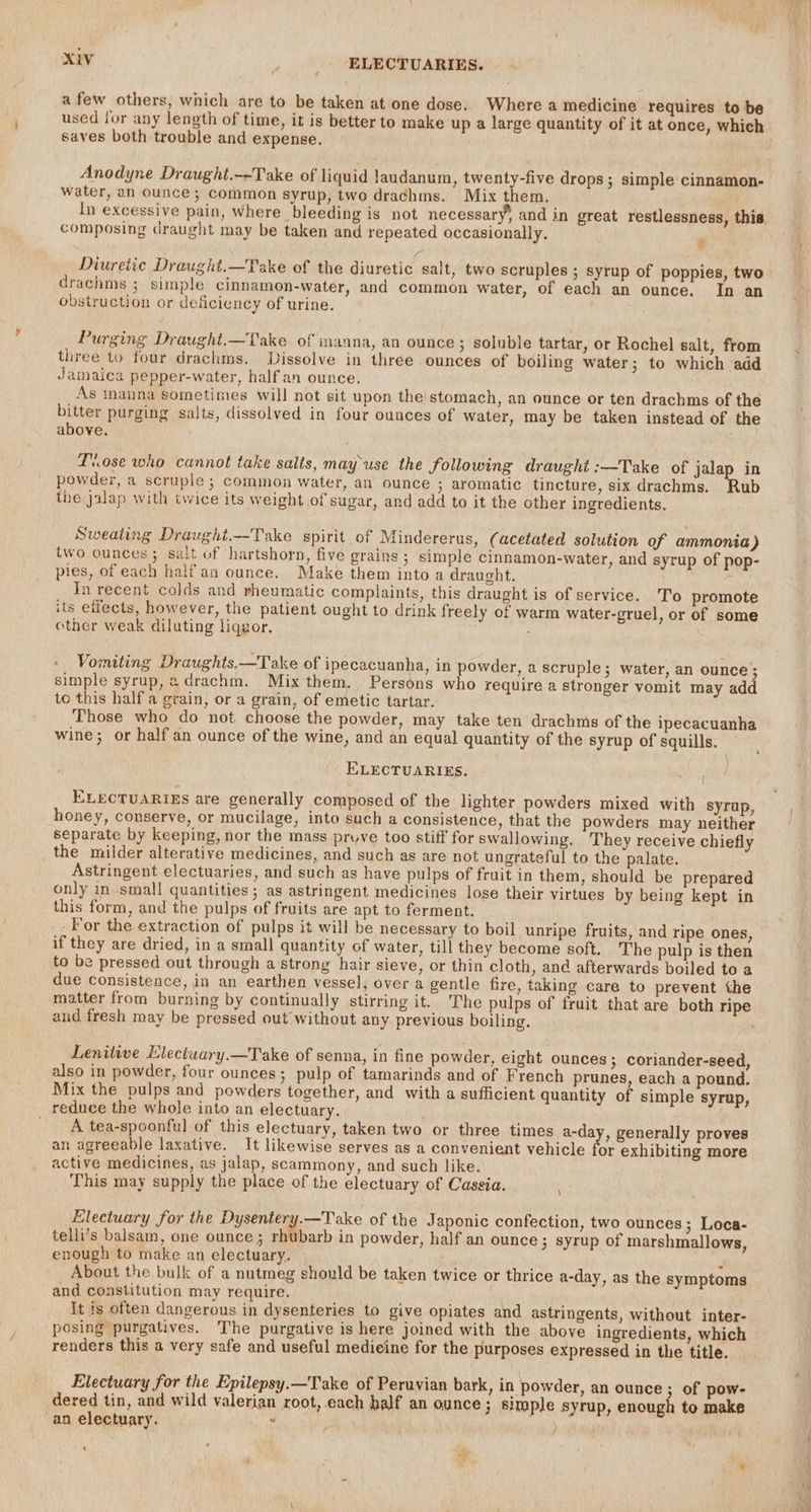 afew others, which are to be taken at one dose. Where a medicine requires to be used for any length of time, it is better to make up a large quantity of it at once, which saves both trouble and expense. Anodyne Draught.--Take of liquid laudanum, twenty-five drops; simple cinnamon- water, an Ounce; Common syrup, two drachms. Mix them. In excessive pain, where bleeding is not necessary’ and in great restlessness, this, composing draught may be taken and repeated occasionally. ‘ Diuretic Draught.—Take of the diuretic salt, two scruples ; syrup of poppies, two. drachms ; simple cinnamon-water, and common water, of each an ounce. In an obstruction or deficiency of urine. Purging Draught.—Take of manna, an ounce 3 Soluble tartar, or Rochel salt, from three to four drachms. Dissolve in three ounces of boiling water; to which add Jamaica pepper-water, half an ounce. As manna sometimes will not sit upon the stomach, an ounce or ten drachms of the bitter purging sajts, dissolved in four ounces of water, may be taken instead of the above. Tose who cannot take salts, may use the following draught :—-Take of jalap in Y Bay : J powder, a scruple ; common water, an ounce 3 aromatic tincture, six drachms. Rub the jalap with twice its weight of sugar, and add to it the other ingredients. Sweating Draught.—Take spirit of Mindererus, (acetated solution of ammonia) two ounces; salt of hartshorn, five grains; simple cinnamon-water, and syrup of pop- pies, of each half aa ounce. Make them into a draught. : In recent colds and rheumatic complaints, this draught is of service. To promote its effects, however, the patient ought to drink freely of warm water-gruel, or of some ether weak diluting liquor. . Vomiting Draughts.—Take of ipecacuanha, in powder, a scruple; water, an ounce}; simple syrup,adrachm. Mix them. Persons who require a stronger vomit may add to this halfa grain, or a grain, of emetic tartar. Those who do not choose the powder, may take ten drachms of the ipecacuanha wine; or half an ounce of the wine, and an equal quantity of the syrup of squills. ELECTUARIES. ELECTUARIES are generally composed of the lighter powders mixed with syrup, honey, conserve, or mucilage, into such a consistence, that the powders may neither separate by keeping, nor the mass prove too stiff for swallowing. They receive chiefly the milder alterative medicines, and such as are not ungrateful to the palate. Astringent electuaries, and such as have pulps of fruit in them, should be prepared only in small quantities; as astringent medicines lose their virtues by being kept in this form, and the pulps of fruits are apt to ferment. _For the extraction of pulps it will be necessary to boil. unripe fruits, and ripe ones, if they are dried, in a small quantity of water, till they become soft. The pulp is then to be pressed out through a strong hair sieve, or thin cloth, and afterwards boiled to a due consistence, in an earthen vessel; over a gentle fire, taking care to prevent the matter from burning by continually stirring it. The pulps of fruit that are both ripe and fresh may be pressed out without any previous boiling. Lenitive Electuary.—Take of senna, in fine powder, eight ounces; coriander-seed, also in powder, four ounces; pulp of tamarinds and of French prunes, each a pound. Mix the pulps and powders together, and with a sufficient quantity of simple syrup, reduce the whole into an electuary. _ A tea-spoonful of this electuary, taken two or three times a-da , generally proves an agreeable laxative. It likewise serves as a convenient vehicle for exhibiting more active medicines, as jalap, scammony, and such like. This may supply the place of the electuary of Cassia. Electuary for the Dysentery.—Take of the Japonic confection, two ounces; Loca- telli’s balsam, one ounce; rhubarb in powder, half an ounce ; syrup of marshmallows, enough to make an electuary. r About the bulk of a nutmeg should be taken twice or thrice a-day, as the symptoms and constitution may require. It is often dangerous in dysenteries to give opiates and astringents, without inter- posing purgatives, The purgative is here joined with the above ingredients, which renders this a very safe and useful medieine for the purposes expressed in the title. Electuary for the Epilepsy.—Take of Peruvian bark, in powder, an ounce ; of pow- dered tin, and wild valerian root, each half an ounce ; simple syrup, enough to make an electuary. * R *