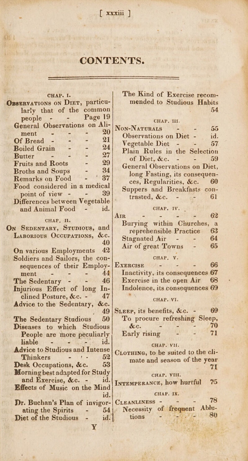 Osservations on Diet, particu- The Kind of Exercise recom- mended to Studious Habits larly that of the common 5A people - 4 Page 19 CHAP, II The Observations on ae AeA lapaltes &lt;twE@ReE cu] ee * = . Observations on Diet - id. Be TRA es a By Vegetable Diet - - 57 Boiled Grain - ‘ oO” Plain Rules in the Selection ph a re 550, Satay! col Miet ice. sae 0 Fruits and Roots General Observations on Diet, Broths and Soups - 34 I Henares on rood Loot gy g Fasting, its consequen- Food considered in a medical ces, Regularities, ec. 60 Romar view. - 5 39 Suppers and Breakfasts con- Differences between Vegetable | ° be eidsiid yin SEN i = and Animal Food’ - id. CHAP. IV. _ AIR - = S 1s 62 CHAP, Il. Lazsoriovs Occupations, &amp;c. 4 On various Employments 42 Soldiers and Sailors, the con- sequences of their Employ- ment - - - 44 The Sedentary - - 46 Injurious Effect of long In- clined Posture, &amp;c. - 47 Advice to the Sedentary, &amp;c. , Ad The Sedentary Studious 50 Diseases to which Studious People are more peculiarly liable - ~- - id. Advice to Studious and Intense Thinkers - te Desk Occupations, &amp;c. 53 BMorning best adapted for Study Burying within Churches, a reprehensible Practice 63 Stagnated Air - - Air of great Towns’ - 65 CHAP, V. Inactivity, its consequences 67 Exercise in the open Air 68 Indolence, its consequences 69 4 : CHAP. VI. To procure refreshing Sleep, &amp;c. ~ - - 70 Early rising iia) | CHAP. Vif. mate and season of the year re | CHAP. VIIf. PR ee Pie cr rey and Exercise, &amp;c. - id. rl ae Effects of Music on the Mind| NT7=“PERAN®™ how hurtful 75 id. CHAP. IX. Dr. Buchan’s Plan of invigor-| CLEANLINESS - gene 78 ating the Spirits = - 54|, Necessity of frequent Ablu- Diet of the Studious - id. | tions wenn oe 80 Y¥