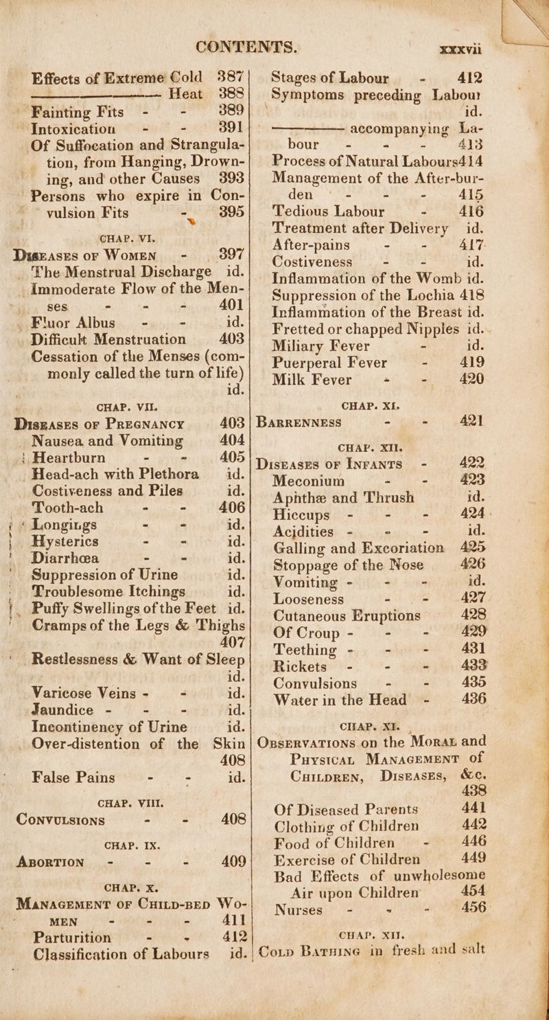 een ee 407 ' Restlessness &amp; Want of Sleep id. Varicose Veins - - id. Jaundice - : - id. | Incontinency of Urine id. Over-distention of the Skin 408 False Pains - - id. CHAP. VIII. CoNVULSIONS - - 408 CHAP. IX. ABORTION - = ° 409 CHAP. x. Effects of Extreme Cold 387 sede Heat: 388 tion, from Hanging, Drown- ing, and other Causes 393 Persons who expire in Con- vulsion Fits 7 395 CHAP. VI. Diseases or Women - 397 ses &gt; “ - 401 Fluor Albus - - id. Difficukt Menstruation 403 Cessation of the Menses (com- monly called the turn of life) id. CHAP. VIL Diszases or Pregnancy 403 Nausea and Vomiups, 404 : Heartburn - 405 _ Head-ach with Plethora id. Costiveness and Piles id. - Tooth-ach &gt; - 406 « Longings - “ id. Hysterics - - id. Diarrhea oi hte id. Suppression of Urine id. Troublesome Itchings id. Cramps of the Legs &amp; Thighs MEN - - - All Parturition “ ‘ 412 Classification of Labours XXXVii Stagesof Labour - 412 id. apeomn pan ying La- bour~ - . Ali Process of Natural lohoat s414 Management of the After-bur- den * - - - 415 Tedious Labour - A416 Treatment after Delivery id. After-pains - - ALT Costiveness - - id. Inflammation of the Womb id. Suppression of the Lochia 418 Inflammation of the Breast id. Fretted or chapped Nipples id. Miliary Fever - id. Puerperal Fever - A19 Milk Fever + - 420 CHAP. XI. BARRENNESS - - 42] CHAP. XII. Diseases oF INFANTS - 422 Meconium - 423 Aphthe and Thrush id. Hiccups. - - - 424 | Acidities - - - id. Galling and Exeoriation 425 Stoppage of the Nose 426 Vomiting - - - id. Looseness - - 427 Cutaneous Eruptions 428 OfCroup- - - 429 Teething - - - 43] Rickets” - ~ ~ 433 Convulsions - - 435 Water in the Head - 436 CIIAP. XI. , Puystcan MaNnacGEMENT of CuitpreNn, Diseases, &amp;c, 438 Of Diseased Parents 441 Clothing of Children 442 Food of Children - 446 Bad Effects of unwholesome Air upon Children 454 CH AP. XII.