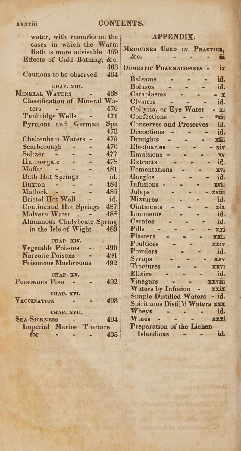 water, with remarks on the cases in which the: Warm Bath is more advisable 459 Effects of Cold Bathing, &amp;c. 463 atu to be observed 464 CHAP. XIII. Minerat Waters 3 468 Classification of Mineral Wa- ters - - 470 Tunbridge Wells se A471 Pyrmont and German Spa 473 Cheltenham Waters - 475 Scarborough — - - 476 Seltzer - - - 477 Harrowgaie - - 478 Moffat —- - “ 481 Bath Hot Springs - id. Buxton - - 484 Matlock - - - 485 Bristol Hot Well - id. Continental Hot Springs 487 Malvern Water , - 488 Aluminous Chalybeate Spring in the Isle of Wight 489 CHAP. XIV. Vegetable Poisons -- 490 Narcotic Poisons - 491 Poisonous Mushrooms 492 CHAP. XV. Poisonous Fisn - = 492 CHAP. XVI. VaAccINATION - - 493 CHAP. XVII. SEA-SICKNESS - - 494 Imperial Marine Tincture for pag SBP RE 8 496 | APPENDIX. Balsams - - id. Boluses. |. - a - id, Cataplasms - - - xX Clysters a - id. Collyria, or Eye Water - Xi Confections - - xii Conserves and Preserves id. Decoctions - - - id. Draughts’ - - - Xili Electuaries - ° - XiV Emulsions - © = : Extracts . - - id. Fomentations - ° xvi Gargles - © = id. Infusions - © - XVil Juleps = - - XVili Mixtures - © id. Ointments - * - Xix Liniments ° - - id. Cerates ~ - = id. Pills - -. - - XX} Piasters - - - XXli Poultices &lt; - XXIV Powders - - id. Syrups ~ = = XV Tinctures - &lt; XXVi Elixirs - - - id. Vinegars - - XXVill Waters by Infusion - xxix Simple Distilled Waters - id. Spirituous Distil’d Waters xxx Wheys - = = id. Wines - - XXXi Preparation of the Lichen Islandicus - = id.