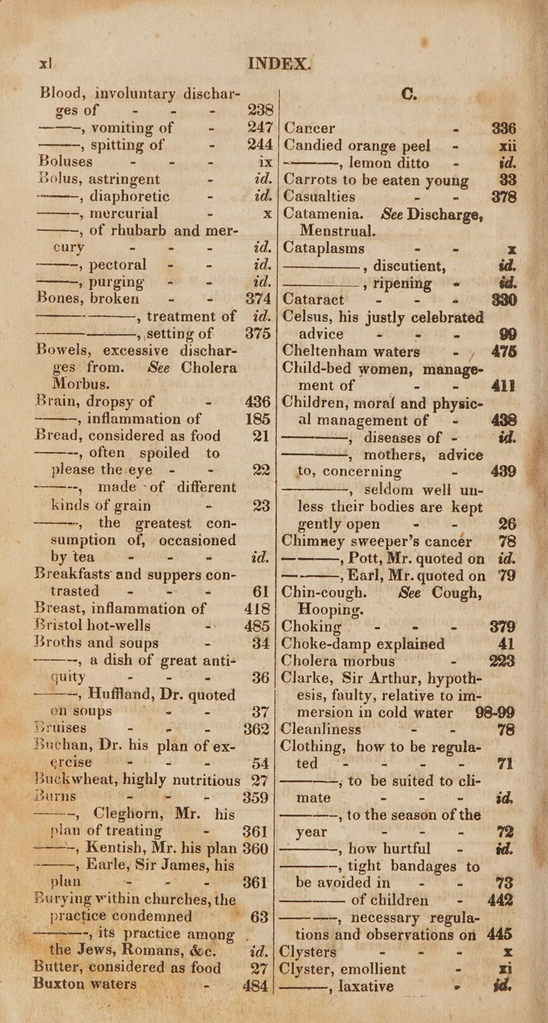 Blood, involuntary dischar- | C. ges of - - - 8 ——-, vomiting of - 247 | Cancer - 336 —, Spitting of - 244 | Candied orange peel - xii Boluses a hi 1x |-~——-—-, lemon ditto - éd. Bolus, astringent “ id. | Carrots to be eaten young 33 , diaphoretic - id. | Casualties - 378 ——~—, mercurial - x|Catamenia. See Thicchages: —, of rhubarb and mer- Menstrual. cury ek id. | Cataplasms - x -, pectoral - a id. , discutient, sd. , purging - - id. , tipening « éd. Bones, broken = - 374 | Cataract = - « 3a0 , treatment of id./|Celsus, his justly celebrated - ‘ , setting of 375 Bowels, excessive dischar- ges from. See Cholera Morbus. Brain, dropsy of - 436 —, inflammation of 185 Bread, considered as food 21 --, often spoiled to please the eye - - 22 --, made -of different kinds of grain - 23 --, the greatest con- sumption of, occasioned by tea - - - ad. Breakfasts and pe ad: con- trasted = - te 6] Breast, inflamdiatih of 418 Bristol hot-wells -- 485 Broths and soups - 34 --, a dish of beer anti- quity 36 ——--, Huffland, Dr. ddepet on soups “ - 37 ‘ruses - - - 362 Suchan, Dr. his ae tS ex- ercise = ‘o4 Buckwheat, highly nutritious 27 Burns - 309 (eens Shs Cleghioin, Mr. plan of treating ~ 36] ~—-—-, Kentish, Mr. his plan 360 -————, Earle, Sir James, his plan = - - Burying within churches, the practice condemned » 63 lg -, its practice among . the Jews, Romans, &amp;c. his 361 id. Butter, tiered as food Oy. . 484 Buxton waters -. be advice © ye 1 99 Cheltenham waters - , 476 Child-bed women, Hiigitre ment of All Children, moral end whyste almanagement of - 4 ; diseases of - id. ,» mothers, advice to, concerning - , seldom well un- less their bodies are kept gentlyopen -— - 26 Chimney sweeper’s cancer 78 ~ , Pott, Mr. quoted on id. — ‘Earl, Mr. quoted on ‘79 Chin-cough. See Cough, Hooping. Choking - - - 9379 Choke-damp explained 41 Cholera morbus - 223 Clarke, Sir Arthur, hypoth- esis, faulty, relative to im- mersion in cold water 98-99 Cleanliness ~ - 78 Clothing, how to be ag SS ted - 71 —-—,; to be surtba to cli- mate - - - id. —- —, to the season of the year - - - 72 , how hurtful - $d. -, tight bandages to be avoided in - - of children - 78 442 —-, necessary regula- tions and observations on 445 Clysters - - - x Clyster, emollient - xi , laxative = »*