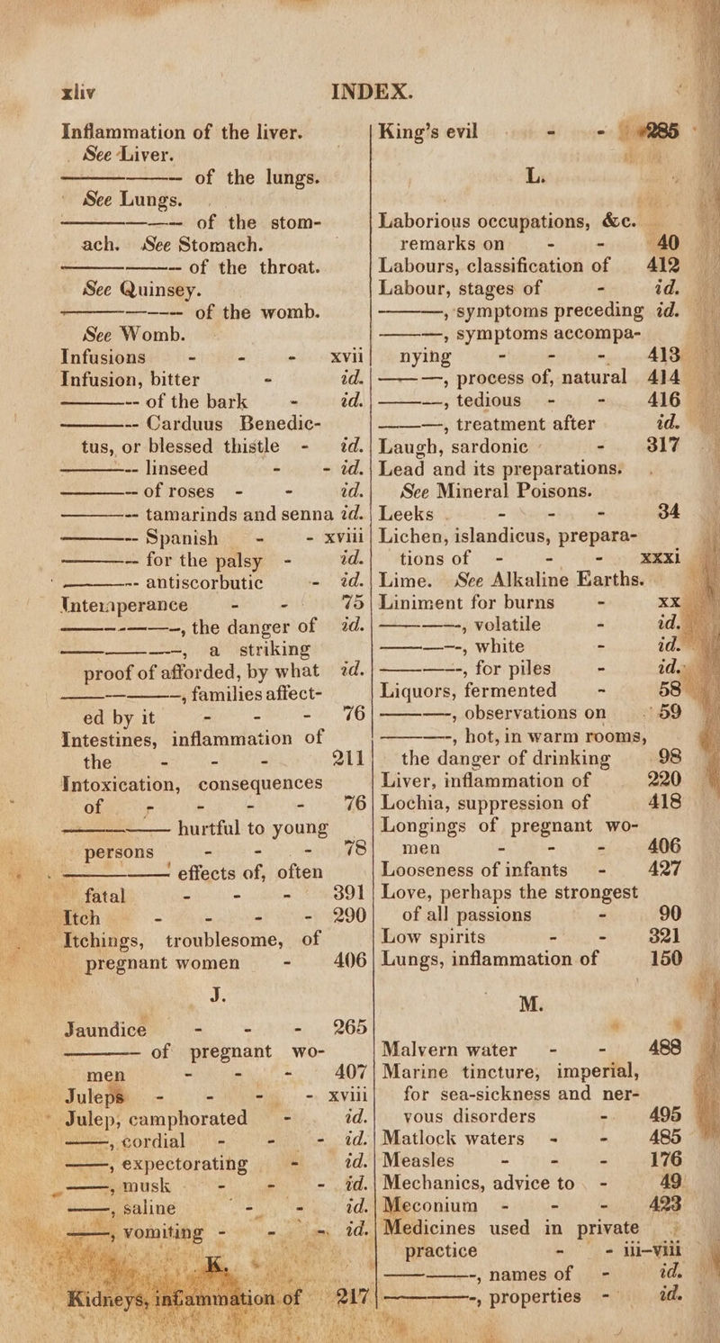 xliv INDEX. ‘ Inflammation of the liver. King’s evil - - 9285 _ See Liver. 7 - of the lungs. See Lungs. SS ee of the stom- See Stomach. - of the throat. See Quinsey. —-—--- of the womb. ach. See Womb. Infusions - - wb eRVA Infusion, bitter - id. -- of the bark - td. -- Carduus Benedic- tus, or blessed thistle - éd. a linseed = - id. -of roses - ~ id. -- tamarinds and senna 7d. -- Spanish = - - XVili -- for the palsy - dd. ~- antiscorbutic sili: Od. Tnteraperance - - 75 —-—-—-, the danger af ad. ——, a striking proof of afforded, by what zd. o , families affect- ed by it - 53 =. 76 Intestines, inflammation of the - - - Intoxication, consequences of | ae - - = Sagan has hurtful to young persons - - 78 - effects of, ben 211 76 fatal hse Lae RAO Itech - - - - 290 Itchings, troublesome, of pregnant women - 406 AB Jaundice BS) “er taal yk OD — of pregnant wo- men - - * 407 cick Oe a VL ne camphorated = - id. -, cordial = - Un GO , expectorating - ad. -,musk-— - - - id. “a saline eat ty ee id. id. L. Laborious occupations, &amp;c. | remarks on ° - Labours, classification of Labour, stages of - id. —, symptoms preceding id. —, symptoms accompa- nying ~ - - A413 ———, process of, natural ———, tedious. - - —, treatment after id. Laugh, sardonic » - 317 Lead and its preparations. See Mineral Poisons. Leeks . - - - Lichen, islandicus, prepara- tions of - ~ 34 Lime. See Ak odin Earths. | Liniment for burns . xx —_———-, volatile - id. ———-, white - id. — - ide Liquors, fermented = ~ —-, observations on —-, hot, in warm rooms, the danger of drinking Liver, inflammation of Lochia, suppression of Longings of pregnant wo- men - - - 406 Looseness of infants = - AQT Love, perhaps the strongest of all passions ~ 90 Low spirits - - ol Lungs, inflammation of 150 M. # * Malvern water - - 488 Marine tincture, imperial, for sea-sickness and ner- yous disorders - 495 Matlock waters - - 485 Measles - - - 176 Mechanics, advice to. - 49 Meconium - - - 423 Medicines used in private | practice - = il-vilb | ——_-———-, names of_ - id. id.