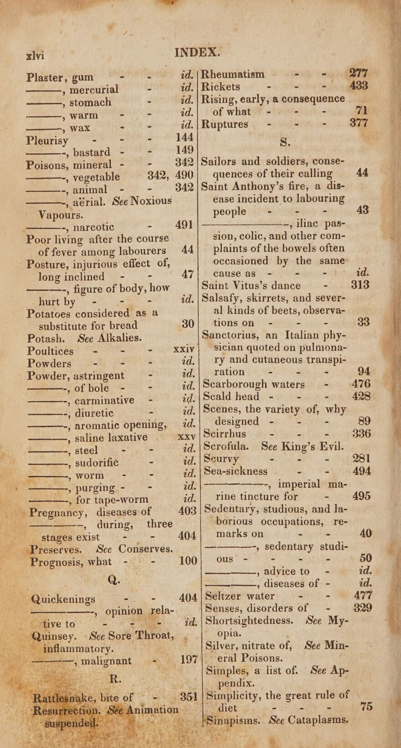 Taal yale i: | ual . xlvi INDEX. Plaster, gum - . id, | Rheumatism = Wity &gt; ie , mercurial - id. | Rickets . Ms O , stomach - id. | Rising, early, a consequence : , warm * - id.| of what - -~- J , wax -_ id.|Ruptures, - - - Pleurisy oe oe 144 g. -, bastard - - 149) HM 3 Peeons, mineral - - 342 |Sailors and soldiers, conse- -, vegetable 342, 490} quences of their calling 44 -,animal - - 342|Saint Anthony’s fire, a dis- -, aérial. See Noxious ease incident to labouring - Vapours. people iene 4 43 -, narcotic - 49}. | ————_————- iliac: pas- Poor living after the course of fever among labourers 4a Posture, injurious effect of, ane. inclined - AW , figure of body? how hae i - - id. Potatoes considered as a substitute for bread 30 Potash. See Alkalies. Poultices - - - XXIV Powders Ae - id. Powder, astringent - ad. -,of bole - - ad. -, carminative - ad. -, diuretic - ad. -, aromatic opening, — 2d. ——_—, saline laxative XXV -, steel - - td. . -, sudorifi¢ - id. ———-,worm -— - ad. a gas 5 purging = = id. —+—-, for tape-worm id. ae. diseases of A03 —, during, three stages exist - - 404 Preserves. See Conserves. Prognosis, what -— - 100 ~ Quickenings - - etce “5 opinions qela- ih - tive to - + : eer’: See Soi Throat, 404 id, sion, colic, and other com- plaints of the bowels often occasioned by the same cause as - - - id. Saint Vitus’s dance - 313 Salsafy, skirrets, and sever- al kinds of beets, observa- tions on - - - 30 Sanctorius, an Italian phy- sician quoted on pulmona- ry and cutaneous transpi- ration - “ “ 94 Scarborough waters = - 476 Scald head - - - 428 Scenes, the variety of, why designed - - - 89 Scirrhus - - - 336 Scrofula. See King’s Evil. Scurvy ee eo Sea-sickness - - 494 TT PAL RELA dae , imperial ma- rine tincture for - 495 Sedentary, studious, and la- -borious occupations, re- marks on - - 40 —-, sedentary studi- ous - - - - 50 , advice to. - id. Sera Sai , diseases of - id. Seltzer water 2 - A477 |Senses, disorders of — - 329 Shortsightedness. See My- opia. Silver, nitrate of, See Min- eral Poisons. Simples, a list of. _ See Ap- ‘|. spendix. | | Simplicity, the eren rule of |