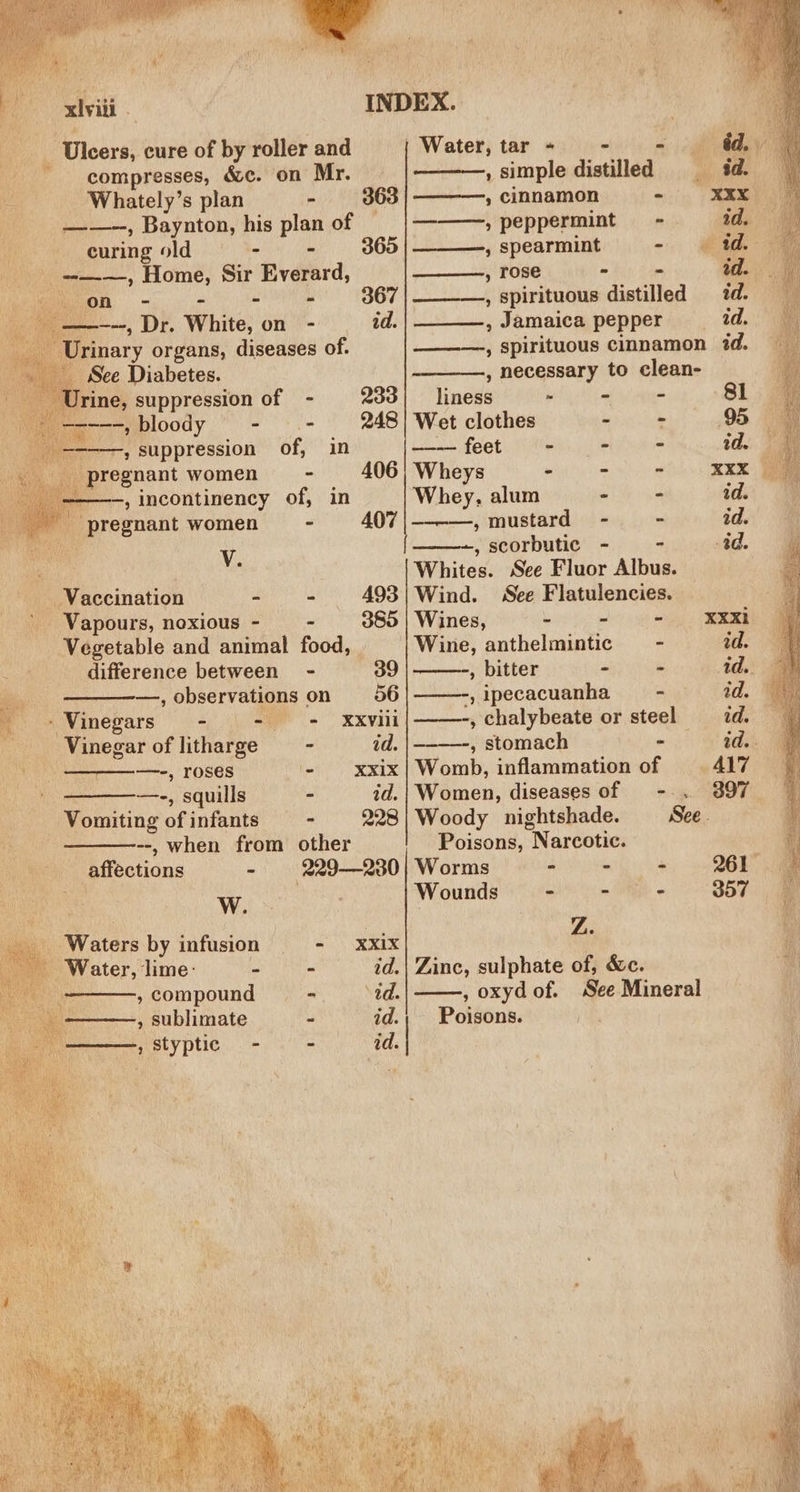 Whately’s plan - 363 , cinnamon - Xxx ——--, Baynton, his plan of | |———, peppermint - id. curing old - - 9365|———, spearmint -. iid. ae --_—, Home, Sir Everard, nny FORE ~ - ide i i. On - - « «» §867|———, spirituous distilled td. %y _—---, Dr. White, on - id. | __—, Jamaica pepper id. See Diabetes. —---, bloody - pregnant women _ pregnant women V. _ Vapours, noxious - Vinegar of litharge —_—_-—-, roses —-, squills Vomiting of infants affections - W. Waters by infusion Water, lime: - , compound , sublimate , Styptic - INDEX. , simple distilled a. ———, spirituous cinnamon id. , necessary to clean- liness - - - 81 Wet clothes : “ 95 —— feet fe id. Wheys - Shs XXX Whey, alum - id. ————, mustard - id. -, scorbutic - - 4d. Whites. See Fluor Albus. - 248 - 406 - 407 - 493| Wind. See Flatulencies. - 3d8o | Wines, ~ - - XXxXi Wine, anthelmintic ~ id. ~ 39 , bitter - - id. -, ipecacuanha - ad. - XXvili -, chalybeate or steel id. - id. |--—-, stomach - rs - xxix! Womb, inflammation of 417 - id.| Women, diseases of -.. 397. - 228} Woody nightshade. See. Poisons, Narcotic. 229—230 | Worms - - = » 26F oa Meme Wounds - RYE 357 : Z. b - Xxix f - id.| Zinc, sulphate of, &amp;c. A) ~ ‘td. , oxyd of. See Mineral - id.; Poisons. Sen