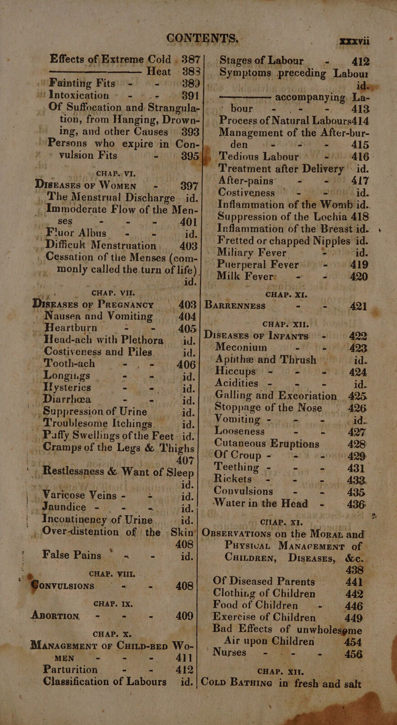 CONTENTS. | Xxxvii* Effects of Extreme Cold .387| Stagesof Labour - 412 a Heat 383 iii preceding Labour Painting Fits - =) 389]... ‘Intoxication - -.- © 891] . Of Suffocation and Strangula- tion, from Hanging, Drown-| ing, and other Causes | 893 “Persons who expire in Con-|. vulsion Fits - 39 - accompanying La- bour” - A413 Process of N sae DB iarediA Management of the After-bur- den - - - 415 Tedious Lahoue - oe - Treatment after Delivery © After-pains - - “17 Costiveness © - 9 =) id. Inflammation of the Womb id.. Suppression of the Lochia 418 Inflammation of the Breast id. ; Fretted or chapped gliding id. 9) CHAP. VI. Diseases or Women - 397 _ The Menstrual Discharge. id. ys Immoderate Flow of the Men- ses - = 401). - Fluor Albus - = id.. _,Difficutt Menstruation. 403 _ Cessation of tle Menses (com-| . ith een xs ty Pye an monly called the turn of life), Milk Fever s 4 420 : id. | CHAP. VIT. | Para! CHAP. XI. | Disrases or Precnancy | 403| Barrenness erp Athy Nausea and Vomiting 404 othe Wea: tt Heartburn = 405 Diseases or Inrants + 422 Head-ach with Plethora id. Pci eniik A trai lta _ Costiveness and Piles. id.| 4 taenenha Thrush hi i id. ‘Tooth-ach - - 406 Hicéupiel x, 4 424 Longings | Fo wroteydegd- Acidities - - - id. cue a BH f = Galling and Excoriation _ 425 i. ata Ma ve Stoppage of the Nose — 426 Suppressionof Urine —_ id. Vomiting. - id: “Troublesome Itchings _ iid. Licsahesn ene _ Paffy Sweilings ofthe Feet. id. ‘Cite Be akalle wha tions 498: _ Cramps of the Legs &amp; Thighs | Orc P + 99. | BO pestis ai coe et oe Restlessness &amp; Want of Sleep ee Pik Fort Aas ae 433. te age id.| | i Convulsions — - - 435 ‘Varicose Veins - = id. oo a wighiniicas we eee id. ‘Water in the Head ' 436 é ' Incontinency of Urine. id. .() CMAP. XI. 5 j a Over-distention of the Skin} Ogservations on the Moraz and ; 408} = Puystua, Manacement of — ‘ False Pains. pills fin id. Cumpren, Diseases, &amp;c.. “ ‘g aioe ‘eee 408 Of Diseased Parents. 441 Be ee iead vo Clothing of Children 442 CHAP, IX. Food of Children — - 446 ABORTION -.. - - 409| Exercise of Children 449 ; | Bad Effects of unwholesgme aie. rae } Air upon Children BA Manacement or Cuitp-Bep Wo-| . Nurses... 3 456 MEN - - =. 4I1 i ; Parturition - - ‘412 CHAP. XII. : Classification of Labours id.| Coty Baruine in fresh and salt :