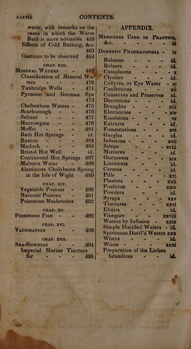 wit CONTENTS, mt \ APPENDIX. | water, with remarks on the h the Warm]... cases in’ which ‘the: Wa Micnitaras Usep IN Praca v&amp;e . = - - - tii ‘Bath is more advisable 459 , “fleets of Cold Bathing, &amp;c. 463 Domestic Pu shinee pad - ix Cautions to be observed ae Balsams.. - = - id Boluses. | - - - id. _Cataplasms - - -®X Clysters - - id. CHAP. XIII. eR Waters - 6 Classification of Mineral. Wa- ters. + = &gt; AZO} Collyria, or Eye Water - Xi : Tunbridge Wells ves ae 471| Confections - - | xii . Pyrmont ‘and German Spa|’ Conserves and Preserves id. | 473| Decoctions - - - id. , Cheltchhai Wades -. 475|°&gt; Draughts - - - © xiii Scarborough - . -, 476] Electuaries - - - xiy - Seltzer - - - 477 Emulsions - - - XV \ Harrowgaie - ..- 478] Extracts - © «© id, ‘Moffat = - - 481} Fomentations - ° xvi Bath Hot Springs ead.) Gareles \s ° - 34 Buxton “= - 484] Infusians - = - xvii Matlock -— - - 485) Juleps Ste - XVili Bristol Hot Well - id.}| Mixtures | = id. | _ Continental Hot Springs 487; Ointments - + = xix - Malvern Water - 488| Liniments °- s id. Aluminous Chalybeate Spring| Cerates - © e- id. in the Isle of Wight 489; Pills + = 2 « xxi | CHAP. XIV. . Aihehegliel vice fe a el xxii Vegetable Poisons - °§ 490 Hi cs Res ind ea Narcotic Poisons - 491] ¢ | WANG sa). , : yrups = = XV Poisonous Mushrooms 492) limpincnipegtt i) o doRet me xxvi CHAP. XV. | Rigg) eae mt dy, ‘Poasnote Fist - = 492] Vinegars = - + xxviii Waters by Infusion - | xxix nastier : Simple Distilled Waters - id. Vaccination: ier ( 493 ~ Spirituous Distil’d Waters xxx __ i OMA Rite ya AV hey ii le OS CRO re Peo Ricgiene - - Wines. - - Imperial Marine Tincture ‘| Preparation of the richie ‘ for ‘i eR att 95) ‘ Islandicus = - - at