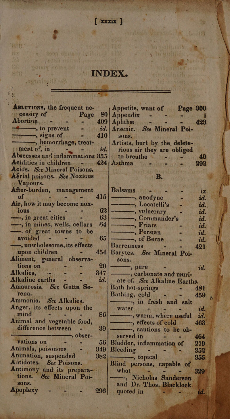 TS Ren REALS ge Sie ah ne x py Rm ap the frequent ne- oveessity of Page 80 ‘Abortisn.,. - - = 409 oe. to prevent - °. id. — » signs of - 410 s hemorrhage, treat- “ment of, id. Acidities in children. 424 Acids. Sce Mineral Poisons. . 7 ‘“AGrial “poisons. See Noxicus © Vapours. Afer-burden, management of - = A415 Air, how it may become nox- lous - - - 62 —, in great cities =) 63 —-, in mines, wells, cellars 64 —,of great towns to be avoided ~ = - 65 ane —, unw holesome, its effects upon children - 454 Aliment, general observa- - _ tions on_ - oe 20 Alkalies, -- - = 347 ‘Alkaline earths - - id. Amaurosis. ‘See Gutta Se- © rena. : Ammonia. Sce Alkalies. Anger, its effects upon the . mind - - - 86 Animal and vegetable food, _ difference between - 39 ,obser- — Modus on = - 56 Animals, poisonous - 349 Animation, suspended 382 | - Aatidotes. See Poisons. Antimony and its prepara=.— tions. See Mineral Poi- “ sons. Apoplexy 4 Appetite, want of Page 300 Appendix - - i Aphthee - 423 Arsenic. See Mineral Poi- sons... Artists, hurt by the. delete- rious air they are obliged to breathe — - - 40 Asthma = = ed. 292 zB. Balsams ie - = 1x. « —, anodyne - id. ———-, Locatelli’s - ed. , vulnerary - id. ———~—, Commander’s id. —, Friars &gt; id. fj , Persian ~ ad. , of Berne * id. Barrenness - - 421 Barytes. See Mineral Poi- | sons. . ane » pure - ad. ———., carbonate and muri- , ate of. See Alkaline Earths. Bath hot-springs = 481 _ Bathing, cold + 459° -, in fresh and salt water | -, warm, where useful ———-, effects of cold -, cautions to be ob- served in Bladder, nHeriatian of Bleeding id. PY, , topical , Blind persons, | capable i Ne ada ” Wichobe Sak , oe Dr. Thos. - quotedin =~