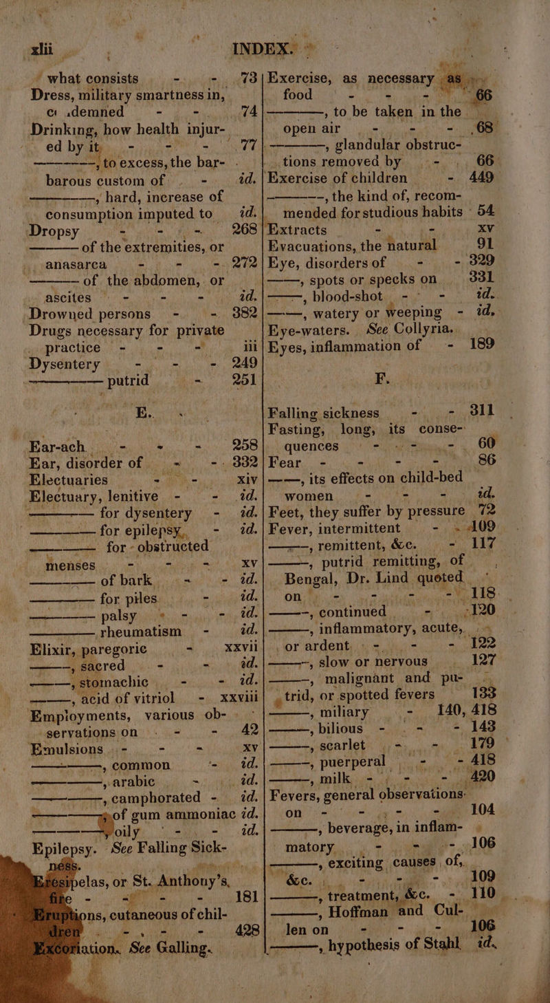 ale INDEX. © rae” 4 tee consists -. +, %3|Exercise, as REPRREALY, ee, ry food - 6 Dress, military smartness aD c: .demned - 74 |. Drinking, Re health injur- . ed by ty - whe ———-----, to excess, the bar- . barous custom of. - id. —————, hard, increase of consumption imputed to td. Dropsy - - + ~ 268 of the extremities, or anasarca - - -. 272 ~—of the abdomen, or ascites = - - - ad. Drowned persons - - 382 Drugs necessary for private practice - - - il Yate y eww, RAD | — - putrid - ol] Ear-ach - = 258 Ear, disorder of - - . 332 Electuaries - Xiv Mlecnety, lenitive - - td. : — for dysentery - id. - for epilepsy, - id. a - for - obstructed menses S “ sr. AY. ae Of DATE» &gt; tr - id. for pes - id. — palsy *, -., 7), td: rheumatism - id. Elixir, paregoric¢ - XXVII a) sacred. - . = + ad. Eagan ‘stomachic - - dd. —-—, acid of vitriol - xxviii Employments, various ob- - servations on. - a cee Soom a: - - xv , common erhie te yarabic , ~ +) 90 -,camphorated - id. of gum ammoniac 7d. oily, 7 -.) -. td. E pilepsy- See pelle mike eet &lt;= 7” = - ions, cutaneous of chil- site ge , | / See Galling. , to be taken in the. ye open air ~  - 68 om , glandular obstruc- _ .tions removed by — - 66° ‘Exercise of thildran - 449 —-, the kind of, recom- ented for studious habits 54 Extracts - - XV Evacuations, the natural 91 Eye, disorders of - - 3829 ——, spots or specks on ool ——,blood-shot -° - — 2d. —-—, watery or weeping - id, Eye-waters. See Collyria. Eyes, inflammation of _- 189 F. Falling sickness - - SIL Fasting, long, its conse- quences - » - .-. 60 Fear - - - - 86 ——, its effects on child-bed women = - - - id. Feet, they suffer by pressure. 72 ine intermittent - . A09 —, remittent, &amp;c. 117 , putrid remitting, or om “Bengt, Dr. Lind ba es : on ' - 118. . -, cee bead aes Pe ( isla i. acute, 4 or ardent, -- - I , slow or neryous 127 -, malignant and pu- ~ atid, or spotted fevers 133 ; miliary - 140, 418 “ia ney LAS -, eco rlaty Vee re 179 ———, puerperal | - = 418 =a milk - . - 420 Fevers, general ¢ Spa vanoian on - - - - 104 , beverage, i ininflam- | | matory, ee 106 , exciting | causes, Ofiat - &amp;e. Bk lrg gal = - 109 , treatment ‘&amp;e. - 110, , Hoffman and Cul den on 106 , hypothesis of Stahl ad.