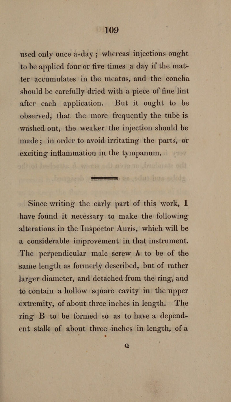 used only once a-day ; whereas injections ought to be applied four or five times a day if the mat- ter accumulates in the meatus, and the concha should be carefully dried with a piece of fine lint after each application. But it ought to be observed, that the more frequently the tube is washed out, the weaker the injection should be made; in order to avoid irritating the parts, or exciting inflammation in the tympanum, — Since writing the early part of this work, I have found it necessary to make the following alterations in the Inspector Auris, which will be a considerable improvement in that instrument. The perpendicular male screw h to be of the same length as formerly described, but of rather larger diameter, and detached from the ring, and to contain a hollow square cavity in the upper extremity, of about three inches in length. The ring B to be formed so as to have a depend- ent stalk of about three inches in length, of a \ Q