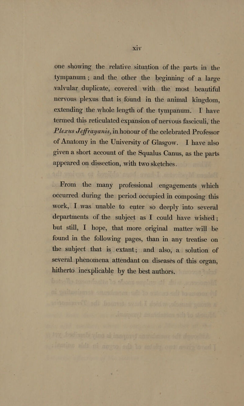 one showing the relative situation of the parts in the tympanum ; and the other the beginning of a large valvular duplicate, covered with the most beautiful nervous plexus that is found in the animal kingdom, extending the whole length of the tympanum. T have termed this reticulated expansion of nervous fasciculi, the Plexus Jeffrayanis, in honour of the celebrated Professor of Anatomy in the University of Glasgow. I have also given a short account of the Squalus Canus, as the parts appeared on dissection, with two sketches. From the many professional engagements which occurred during the period occupied in composing this work, I was unable to enter so deeply into several departments of the subject as I could have wished ; but still, I hope, that more original matter will be found in the following pages, than in any treatise on ~ the subject that is extant; and also, a solution of several phenomena attendant on diseases of this organ, hitherto inexplicable by the best authors.