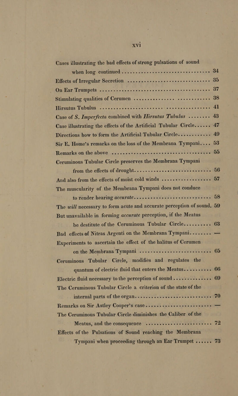 Cases illustrating the bad effects of strong pulsations of sound when long continued .......-+-++++- SUA Sissy aia'b « oye ble . 34 Effects of Irregular Secretion ....sssseeeeeereeceerenceees . 35 On Ear Trumpets ....-.--+eeeeee LP ery ee 37 Stimulating qualities of Cerumen .....-see-ssee0 eevee nie aah ee 38 Hirsutus Tubulus ........- ARs osprey PY sp oltials sa ok aie 41 Case of S. Imperfecta combined with Hirsutus Tubulus ...... -- 43 Case illustrating the effects of the Artificial Tubular Circle...... 47 Directions how to form the Artificial Tubular Circle......-.+--- A9 Sir E. Home’s remarks on the loss of the Membrana Tympani.... 53 Remarks on the above .....eeeeseeseeesees SeGieENee othe eer Ceruminous Tubular Circle preserves the Membrana Tympani from the effects of drought............ o ta BSCS sa ee And also from the effects of moist cold winds ....- seas cle ow bteele ee The muscularity of the Membrana Tympani does not conduce to render hearing accuraté.....eeeecececee trey re 58 The will necessary to form acute and accurate perception of sound. 59 But unavailable in forming accurate perception, if the Meatus be destitute of the Ceruminous Tubular Circle....... ova 6S Bad effects of Nitras Argenti on the Membrana Tympani........ — Experiments to ascertain the effect of the halitus of Cerumen on the Membrana Tympani ....... ec neelece dees vewses 6 Ceruminous Tubular Circle, modifies and regulates the quantum of electric fluid that enters the Meatus......-. «+ 66 Electric fluid necessary to the perception of sound............++ 69 The Ceruminous Tubular Circle a criterion of the state of the internal parts of the organ..........- dahl. Gila be sieuhelre eee Remarks on Sir Astley Cooper’s cas@..+...eeseeereeeeee coeee The Ceruminous Tubular Circle diminishes the Caliber of the Meatus, and the consequence ...+esececceeesesecseees G2 Effects of the Pulsations of Sound reaching the Membrana Tympani when proceeding through an Ear Trumpet ...... 73