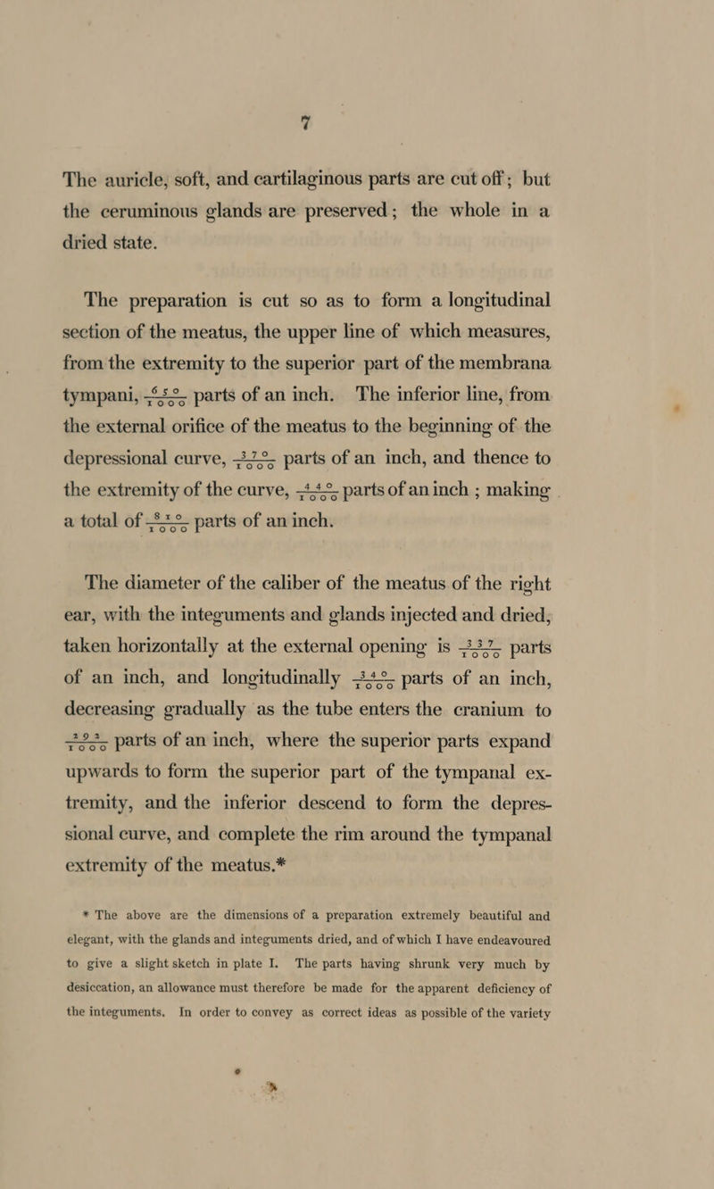 The auricle, soft, and cartilaginous parts are cut off; but the ceruminous glands are preserved; the whole in a dried state. The preparation is cut so as to form a longitudinal section of the meatus, the upper line of which measures, from the extremity to the superior part of the membrana tympani, 45°. parts of an inch. The inferior line, from r0o0c°0o the external orifice of the meatus to the beginning of the depressional curve, 32°. parts of an inch, and thence to Irooo the extremity of the curve, ++° parts of an inch ; making | yIT OO'O a total of 4° parts of an inch. roo°o The diameter of the caliber of the meatus of the right ear, with the integuments and glands injected and dried, taken horizontally at the external opening is 332. parts ooo of an inch, and longitudinally +2. parts of an inch, decreasing gradually as the tube enters the cranium to #23, parts of an inch, where the superior parts expand upwards to form the superior part of the tympanal ex- tremity, and the inferior descend to form the depres- sional curve, and complete the rim around the tympanal extremity of the meatus.* * The above are the dimensions of a preparation extremely beautiful and elegant, with the glands and integuments dried, and of which I have endeavoured to give a slight sketch in plate I. The parts having shrunk very much by desiccation, an allowance must therefore be made for the apparent deficiency of the integuments. In order to convey as correct ideas as possible of the variety