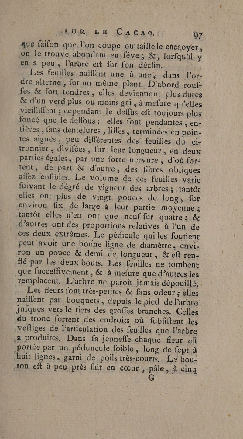 que faifon que. l’on coupe ou taille le câcaoyer on le trouve abondant en féve; &amp;, lorfqu'il y en a peu, l’arbre eft fur fon déclin. Les feuilles naiflent une à une, dans l'or- dre alterne, fur un même plant. D'abord rouf- les &amp; fort tendres , elles deviennent plus dures &amp; d’un verd plus ou moins gai , à mefure qu’elles vieïlhffent ; cependant le deflus eft toujours plus foncé que le deflous: elles font pendantes , en- uères,, fans dentelures , lifles, terminées en poin- tes aiguës, peu différentes des’ feuilles du ci- tronnier , divifées, fur leur longueur , en deux parties égales, par une forte nervüre , d’où for: tent, de part &amp; d’autre, des fibres obliques aïlez {enfibles. Le volume de ces feuilles varie luivant le dépré de vigueur des arbres; tantôt elles ont plus de vingt, pouces de long, fur environ fix de large à leur partie moyenne ; tantôt elles n’en ont que neuf fur quatre ; &amp; d’autres ont des proportions relatives à l’un de £es deux extrêmes. Le pédicule qui les foutient peut avoir une bonne ligne de diamètre, envi- ron un pouce &amp; demi de longueur, &amp; eft ren- ilé par les deux bouts. Les feuilles ne tombent que fuccefliveimnent , &amp; à mefure que d’autresles remplacent. L'arbre ne paroît jamais dépouillé, Les fleurs font très-petites &amp; fans odeur ; elles naïflent par bouquets, depuis le pied de l'arbre juiques vers le tiers des groffes branches. Celles du tronc fortent des endroits où fubfftent les vefliges de l’articulation des feuilles que l'arbre a produites. Dans fa jeuneffe chaque fleur eft portée par un, péduncule foible, long de fept à huit lignes, garni de poils très-courts. Le bou- ton eft à peu près fait en cœur, pâle, à cinq R G :