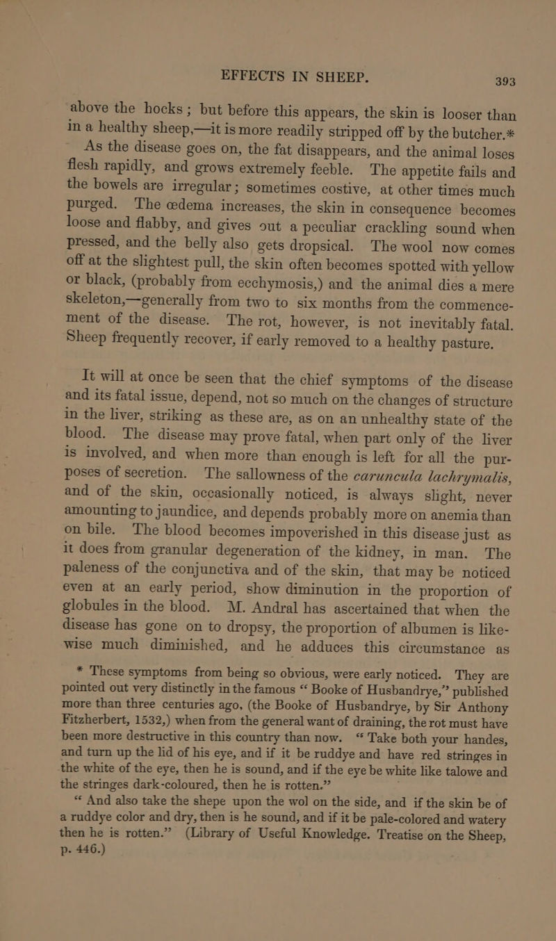 above the hocks; but before this appears, the skin is looser than in a healthy sheep,—it is more readily stripped off by the butcher.* As the disease goes on, the fat disappears, and the animal loses flesh rapidly, and grows extremely feeble. The appetite fails and the bowels are irregular; sometimes costive, at other times much purged. The cedema increases, the skin in consequence becomes loose and flabby, and gives out a peculiar crackling sound when pressed, and the belly also gets dropsical. The wool now comes off at the slightest pull, the skin often becomes spotted with yellow or black, (probably from ecchymosis,) and the animal dies a mere skeleton,—generally from two to six months from the commence- ment of the disease. The rot, however, is not inevitably fatal. Sheep frequently recover, if early removed to a healthy pasture. Tt will at once be seen that the chief symptoms of the disease and its fatal issue, depend, not so much on the changes of structure in the liver, striking as these are, as on an unhealthy state of the blood. The disease may prove fatal, when part only of the liver is involved, and when more than enough is left for all the pur- poses of secretion. The sallowness of the caruncula lachrymalis, and of the skin, occasionally noticed, is always slight, never amounting to jaundice, and depends probably more on anemia than on bile. The blood becomes impoverished in this disease just as it does from granular degeneration of the kidney, in man. The paleness of the conjunctiva and of the skin, that may be noticed even at an early period, show diminution in the proportion of globules in the blood. M. Andral has ascertained that when the disease has gone on to dropsy, the proportion of albumen is like- wise much diminished, and he adduces this circumstance as * These symptoms from being so obvious, were early noticed. They are pointed out very distinctly in the famous “ Booke of Husbandrye,” published more than three centuries ago, (the Booke of Husbandrye, by Sir Anthony Fitzherbert, 1532,) when from the general want of draining, the rot must have been more destructive in this country than now. “ Take both your handes, and turn up the lid of his eye, and if it be ruddye and have red stringes in the white of the eye, then he is sound, and if the eye be white like talowe and the stringes dark-coloured, then he is rotten.” “« And also take the shepe upon the wol on the side, and if the skin be of a ruddye color and dry, then is he sound, and if it be pale-colored and watery then he is rotten.” (Library of Useful Knowledge. Treatise on the Sheep, p- 446.)