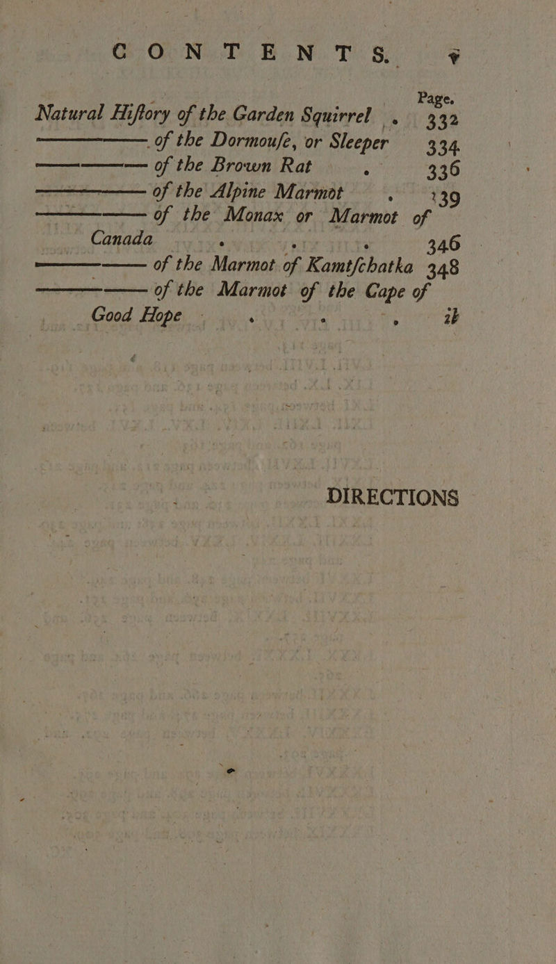 | | Page. Natural Hiftory of the Garden Squirrel. 332 of the Dormoufe, or Sleeper 3 34. — of the Brown Rat oy 336 of the Alpine Marmot 439 of the Monax or Marmot of Canada 3 346 of the Marmot of Kamtfebatka 348 of the Marmot x the wea of Good Hope — ‘ ° 7 TSF DIRECTIONS —