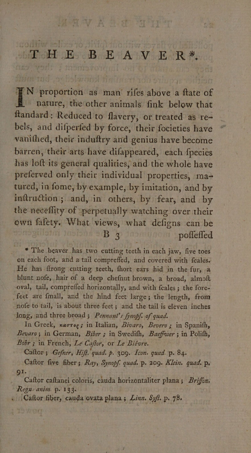 HOH hs (Bak AV EUR À, N proportion as man rifes above a ftate of - nature, the other animals fink below that ftandard : Reduced to flavery, or treated as re- bels, and difperfed by force, their focieties have vanithed, their induftry and genius have become barren, their arts have difappeared, each fpecies has loft its general qualities, and the whole have preferved only their individual properties, ma- tured, in fome, by example, by imitation, and by inftruétion ; and, in others, by fear, and by the neceflity of ‘perpetually watching over their own fatety. What. views, what defigns can be B 3 pofleffed * The beaver has two cutting teeth in each jaw, five toes on each foot, and a tail comprefled, and covered with {cales. | He has ftrong cutting teeth, fhort ears hid in the fur, a blunt nofe, hair of a deep chefnut brown, a broad, almoft oval, tail, comprefled horizontally, and with fcales ; the fore- _feet are {mall, and the hind feet large; the length, from nofe to tail, is about three feet ; and the tail is eleven inches long, and three broad ; Pennant’ s Jynopf. of quad. In Greek, xactog; in Italian, Bivaro, Bevero ; in Spanifh, Bevaro; in German, Biber ; in Swedifh, Baeffwer ; in Polifh, Bobr ; in French, Le Caflor, or Le Biévre. Cañtor ; Gefner, Hift. quad. p. 309. Icon. quad. p. 84. Caftor five fiber; Ray, Synopf quad. p. 209. Klein. quad. p. I. s Caftor caftanei coloris, cauda horizontaliter plana ; ere Regu: anim. p. 133. « \Caftor fiber, cauda ovata plana ; Lina. Syl. p. 78.