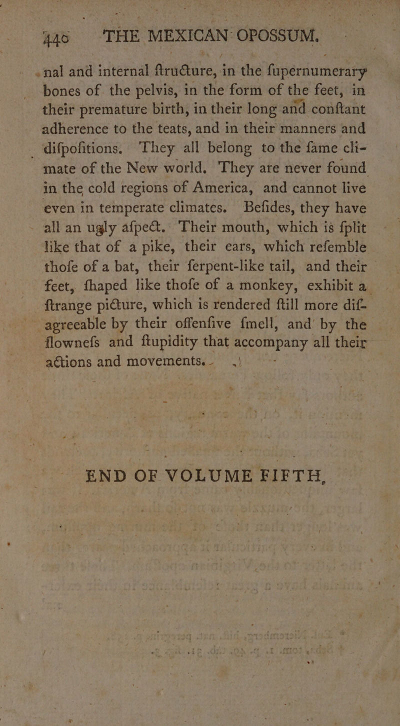 . nal and internal Rrsdite, à in the fupernumerary bones of the pelvis, in the form of the feet, in their premature birth, in their long and conftant adherence to the teats, and in their manners and _ difpoñitions. They all belong to the fame cli- mate of the New world, They are never found in the cold regions of America, and cannot live even in temperate climates. Befides, they have like that of a pike, their ears, which refemble thofe of a bat, their ferpent-like tail, and their feet, fhaped like thofe of a monkey, exhibit a . ftrange picture, which is rendered ftill more dif- agreeable by their offenfive fmell, and’ by the — flownefs and ftupidity that Re de all their actions and movements.- | END OF VOLUME FIFTH,