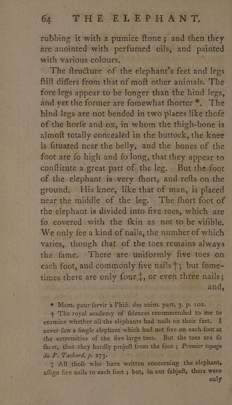 à PHR ELSES ANT rubbing it with a pumice ftone ; and then they are anointed with perfumed QUE oe panies with various colours. | The ftru@ure of the elephant’s feet and legs ftill differs from that of moft other animals. The fore legs appear to be longer than the hind legs, and yet the former are fomewhat fhorter *, The hind legs are not bended in two places like thofe of the horfe and ox, in whom the thigh-bone is almoft totally concealed in the buttock, the knee is fituated near the belly, and the bones of the foot are fo high and fo long, that they appear to conftitute a great part of the leg. . But the-foot of the elephant is very fhort, and refts on the ground, His knee, like that of man, is placed near the middle of the leg. - The fhort foot of the elephant is divided into five toes, which are fo. covered with the fkin as not to be vifible. We only fee a kind of nails, the number of which varies, though that. of the toes remains always the fame.. There ‘are: uniformly five toes on each foot, and commonly five nails +; but fome- times there are ats four t, or even three nails; : bur.and, * Mem. pour fervir à l’hift. des anim. parts 3. p. 102. . + The royal academy of fciences recommended to me to examine whether all the elephants had nails on their feet. I never faw a fingle elephant which had not five on each foot at the extremities of the five large toes. But the toes are fo fhort, that they hardly project from the foot ; Premier voyage du P. Tachard, p. 273. + All thofe who have written concerning the ie affign five nails to each foot ; but, in our fubject, there were ass only