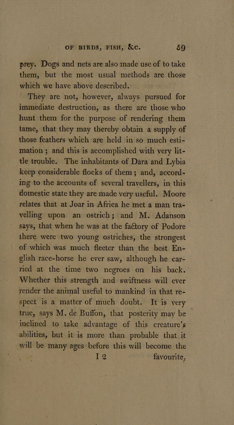 prey. Dogs and nets are also made use of to take them, but the most usual methods are those which we have above described. They are not, however, always pursued for immediate destruction, as there are those who hunt them for the purpose of rendering them tame, that they may thereby obtain a supply of those feathers which are held in so much esti- mation ; and this is accomplished with very lit- tle trouble. The inhabitants of Dara and Lybia keep considerable flocks of them; and, accord- ing to the accounts of several travellers, in this domestic state they are made very useful. Moore relates that at Joar in Africa he met a man tra- velling upon an ostrich; and M. Adanson says, that when he was at the factory of Podore there were two young ostriches, the strongest of which was much fleeter than the best En- glish race-horse he ever saw, although he car- ried at the time two negroes on his back.’ Whether this strength and swiftness will ever render the animal useful to mankind in that re- spect is a matter of much doubt. It is very true, says M. de Buffon, that posterity may be inclined to take advantage of this creature’s abilities, but it is more than probable that. it will be many ages before this will become the 12 favourite,