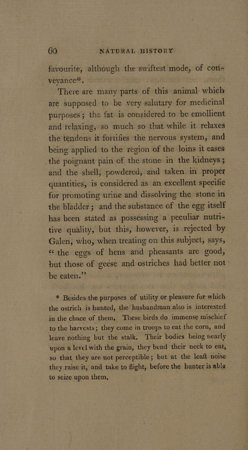 favourite, although the swiftest mode, of coti- veyance™, There are many ee of this aninal with aré supposed to be very salutary for medicinal purposes; the fat is considered to be emollient and relaxing, so much so that while it relaxes the tendons it fortifies the nervous system, and being applied to the region of the loins it eases _the poignant pain of the stone in the kidneys 5 and the shell, powdered, and taken. in_ proper quantities, is considered as an excellent specific for promoting urine and dissolving the stone in the bladder; and the substance of the egg itself has been stated as possessing a peculiar nutri- tive quality, but this, however, is rejected by Galen, who, when treating on this subject, says, ‘the eggs of hens and pheasants are good, but those of geese and ostriches had better not: be eaten.” * Besides the purposes of utility or pleasure for which the ostrich is hunted, the husbandman also is interested in the chace of them, These birds do immense mischief to the harvests; they come in troops to eat the corn, and leave nothing but the stalk. Their bodies being nearly upon a level with the grain, they bend their neck to eat, so that they are not perceptible; but at the leaft noise they raise it, and take to flight, before the hunter is able to seize upon them,