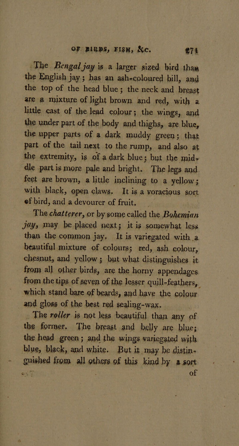 OF BIgps, Fisn, Xe. e74 ‘The Bengal jay is a larger sized bird than the English j Jay has an ash-coloured bill, and the top of the head blue; the neck and breast are a mixture of light brown and red, with a little cast of the lead colour; the wings, and the under part of the body and thighs, are blue, the upper parts of a dark muddy green; that part of the tail next to the rump, and also at the extremity, is of a dark blue; but the id- dle part is more pale and bright. The legs and. feet are brown, a little inclining to a yellow; with black, open claws. It is a voracious sort ef bird, and a devourer of fruit. The chatterer, or by some called the Bohemian jay, may be placed next; it is somewhat less than the common jay. It is variegated with .a beautiful mixture of colours; red, ash colour, chesnut, and yellow ; but what distinguishes it from all other birds, are the horny appendages from the tips of seven of the lesser quill-feathers, | which stand bare of beards, and have the colour _and gloss of the best red sealing-wax. The rodler is not less beautiful than any of the former. ane breast and outh are blues doe black, a as “But; it may be distin. ess from. all others of this kind by a sort of