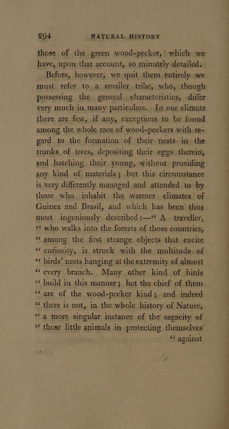 those of the green wood-pecker, : which we have, upon that account, so minutely detailed. Before, however, we quit them entirely, we must. refer to a smaller, tribe, who, though possessing the general. characteristics, differ very much in, many particulars... In our climate there are few, if any, exceptions to be found among the whole race cf wood-peckers with re- gard to the formation of their nests: m&gt;) the trunks. of trees, depositing their eggs’ therein, and hatching their young, without. providing any kind of materials; but this circumstance is very differently. managed and attended to by those who inhabit the warmer climates of Guinea and Brasil, and which has been thus most ingeniously described :—~ A traveller, ** who walks into the forests of those countries, *‘among the first strange objects that excite “* curiosity, is. struck with the multitude» of *¢ birds’ nests hanging at the extremity of almost * every branch. “Many other kind of. birds *¢ build in this manner; but the chief of them ‘are of the wood-pecker kind; and indeed ** there is not, in the whole history of Nature;. ‘a more singular instance of the sagacity of | « those hittle animals in protecting themselves he against