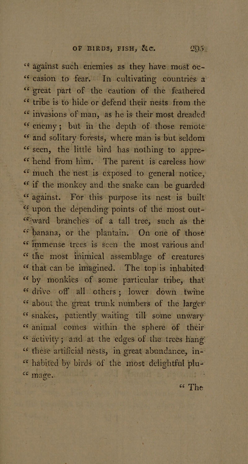 *€ against such enemies as they have. most oc- ‘‘ casion to fear.. In cultivating countries a “oreat part of the ‘caution of the feathered ‘¢ tribe is to hide or defend their nests from the ‘© invasions of man, as he is their most dreaded ‘enemy; but in the depth of those remote “¢ and solitary forests, where man is but seldom “seen, the littlé bird has nothing to appre- “hend from him. The parent is careless how ““much the nest is exposed to general notice, “if the monkey and the snake can be guarded “against. For this purpose its nest is built “6 upon the depending points of the most out- ce: “ward branches of a tall tree, such as the se banana, or the plantain. On one of thosé * immense trees is scen the most various and “the most inimical assemblage of creatures “that can be imagined. . The top is inhabited “by monkies of some particular tribe, that “ dive off all others; lower down twine “ about the great trunk numbers of the larger “snakes, patiently waiting till some unwary “animal comes within the sphere of their “activity; aid at the edges of the trees hang ‘¢ these artificial nésts, in great abundance, in “€ habited by birds of the most delightful hwy os mage. 4 aa