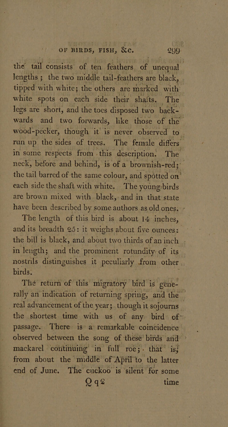 ‘the’ tail consists of ten feathers of unequal - lengths ; ; the two middle tail-feathers are black, tipped with white; the others are marked with white spots on each side their shatts. The legs are short, and the toes disposed two back- wards and two forwards, like those of the wood-pecker, though it’ is never observed to run up. the sides of trees. The female differs” in some respects from - this description. The neck, before and behind, is of a brownish-red 5’ the tail barred of the same colour, and spotted ei, | each side the shaft with white. The young-birds are brown mixed with. black, and in that state have been described by some authors as old ones. - The length of this bird is about 14 inches, and its breadth @5: it weighs about five ounces: the bill is black, and about two thirds of an inch in length; and the prominent rotundity: of its” nostrils distinguishes it peculiarly from other . birds The return of this migratory bird is géne- rally an indication of returning spring, and the” real advancement of the year; though it sojourns | the shortest time with us of any bird’ of*. passage. There is* a’ remarkable coincidence ' observed between the song of these’ birds’ and’ mackarel coiitinuing’ in’ full roé;+ that” “is; from about the middle of ‘Aprilto the latter end of June. The’ cuckoo’ is ‘silent’ ‘for some Oqgé time