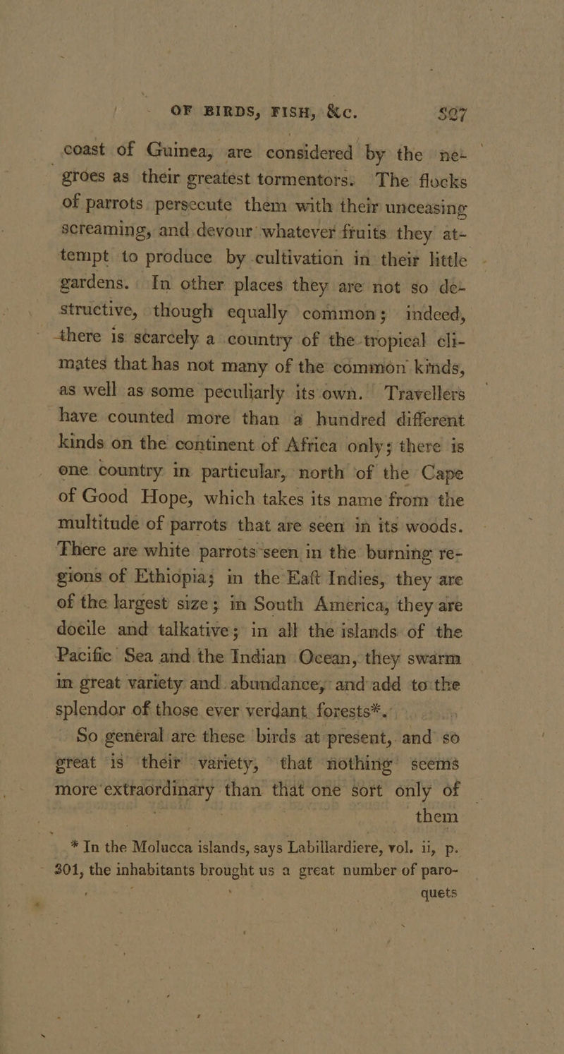 coast of Guinea, are considered by the nei “groes as their greatest tormentors. The flocks of parrots persecute them with their unceasing screaming, and devour’ whatever fruits they at- tempt to pitsdii by cultivation in their little gardens. In other places they are not so de- structive, | though equally common; indeed, _ there is séarcely a country of the ‘pies cli- mates that has not many of the common kids, as well as some peculiarly its own. | Travellers have counted more than a hundred different kinds on the continent of Africa only; there is ene country in particular, north of the Cape of Good Hope, which takes its name from the multitude of parrots that are seen in its woods. There are white parrots-seen in the burning re- gions of Ethiopia; in the Eaft Indies, they are of the largest size; in South America, they are docile and talkative; in all the islands of the Pacific Sea and the Indian Ocean, they swarm in great variety and. abundance, and add to:the splendor of those ever verdant, forests*. So general are these birds at present, and’ so great 1s their variety, that nothing’ seems more’ a a os than that one sort only of : 7 them * In the alaces islands, says Labillardiere, vol. a - $01, the rei atome brought us a great number of paro- quets
