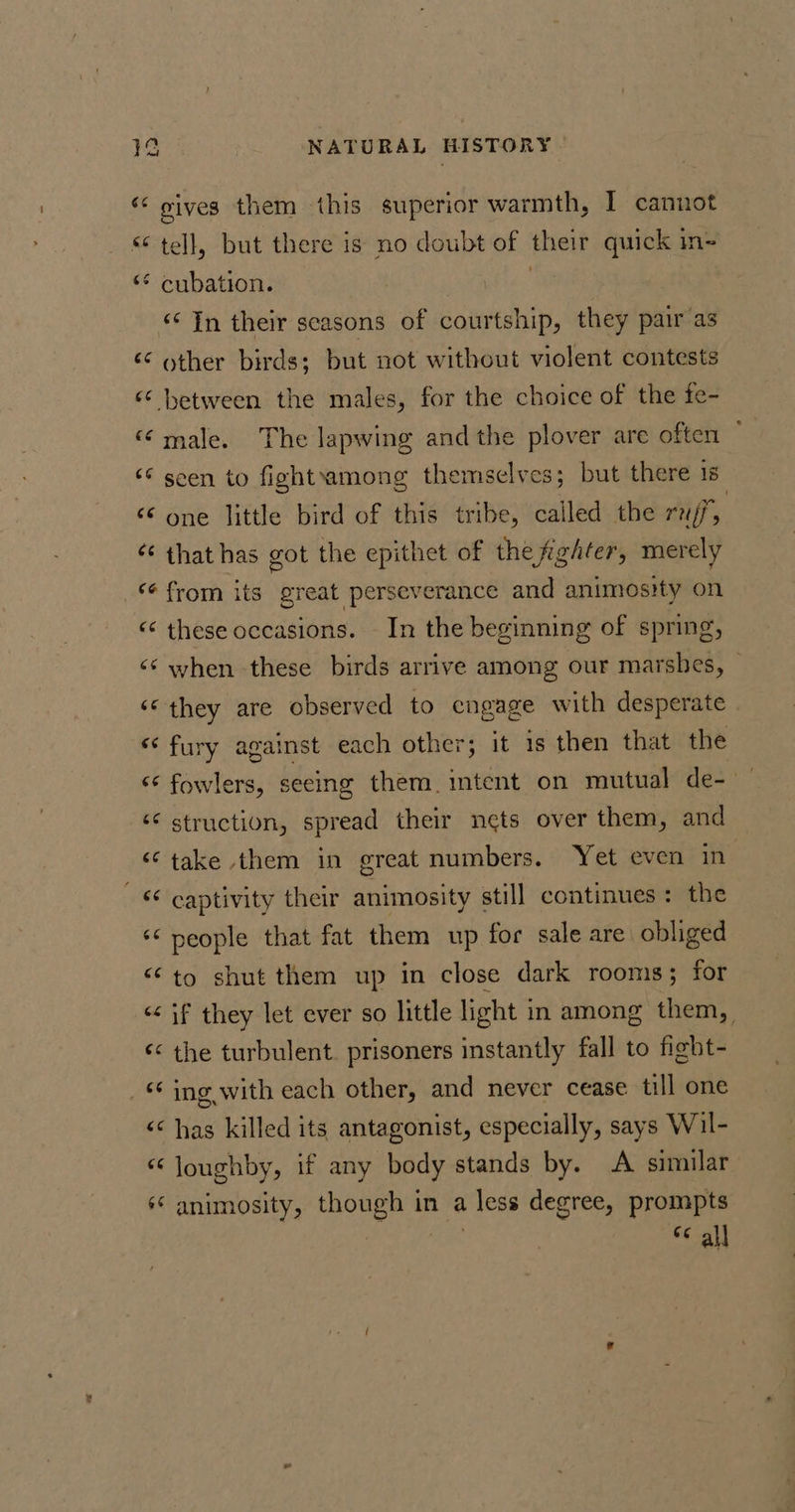 “‘ vives them this superior warmth, I canuot &lt; tell, but there is no doubt of their quick in-= } . “ cubation. ‘¢ In their seasons of courtship, they pair as ‘other birds; but not without violent contests a“ a ‘between the males, for the choice of the fe- Co Cay male. The lapwing andthe plover are often ~ a “a seen to fightamong themselves; but there 18 one little bird of this tribe, called the ruts * that has got the epithet of the fighter, merely €¢ from its “peedt perevurdtics and animosity on “‘ these occasions. In the beginning of spring, ‘¢ when these birds arrive among our marshes, © a “~ ‘© they are observed to engage with desperate «fury against each other; it is then that the ‘* fowlers, seeing them. intent on mutual de- — ‘¢ struction, spread their nets over them, and ‘¢ take them in great numbers. Yet even in © captivity their animosity still continues: the ‘‘ people that fat them up for sale are obliged “to shut them up in close dark rooms; for “&lt; if they let ever so little light i in among them, &lt;&lt; the turbulent. prisoners instantly fall to fight- _ ing with each other, and never cease till one &lt;&lt; has killed its antagonist, especially, says Wil- “ loughby, if any body stands by. &lt;A similar ** animosity, shia in a less degree, prompts sc all