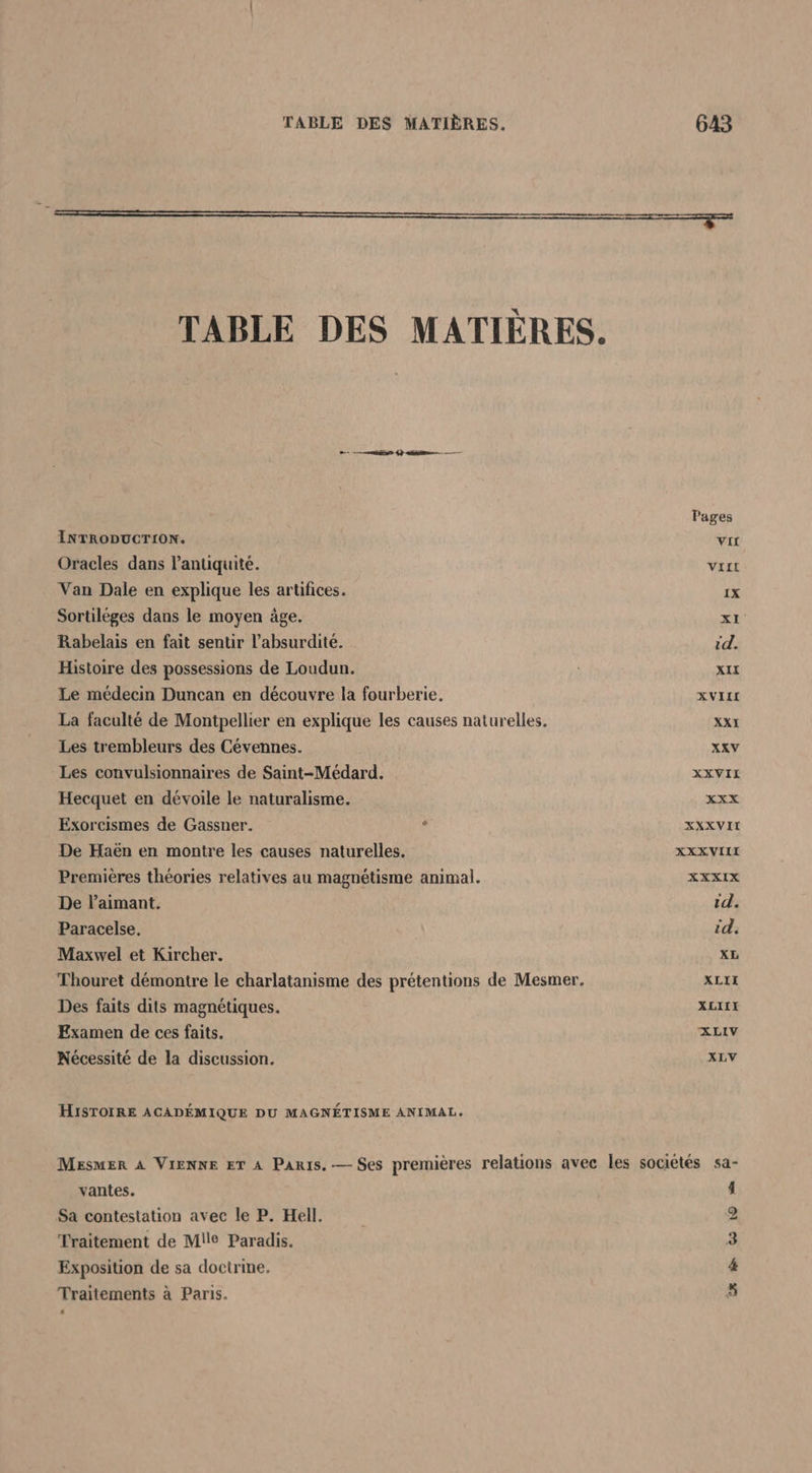 PPT I ET DURS TABLE DES MATIÈRES. D me 4} cite - —- Pages INTRODUCTION. VIT Oracles dans l'antiquité. VILLE Van Dale en explique les artifices. IX Sortiléges dans le moyen âge. XL Rabelais en fait sentir l’absurdité. id. Histoire des possessions de Loudun. XII Le médecin Duncan en découvre la fourberie. XVILL La faculté de Montpellier en explique les causes naturelles. XXI Les trembleurs des Cévennes. XXV Les convulsionnaires de Saint-Médard. XXVIL Hecquet en dévoile le naturalisme. XEE Exorcismes de Gassner. . XXXVIT De Haën en montre les causes naturelles. XXXVILX Premières théories relatives au magnétisme animal. XXXIX De laimant. id. Paracelse. id, Maxwel et Kircher. X£ Thouret démontre le charlatanisme des prétentions de Mesmer. XLII Des faits dits magnétiques. XLIIX Examen de ces faits, ÆLIV Nécessité de la discussion. XLV HISTOIRE AGADÉMIQUE DU MAGNÉTISME ANIMAL. Mesmer A VIENNE ET A Paris. — Ses premières relations avec les sociétés sa- vantes. 4 Sa contestation avec le P. Hell. 2 Traitement de Me Paradis. 3 Exposition de sa doctrine. 4 Traitements à Paris. 5