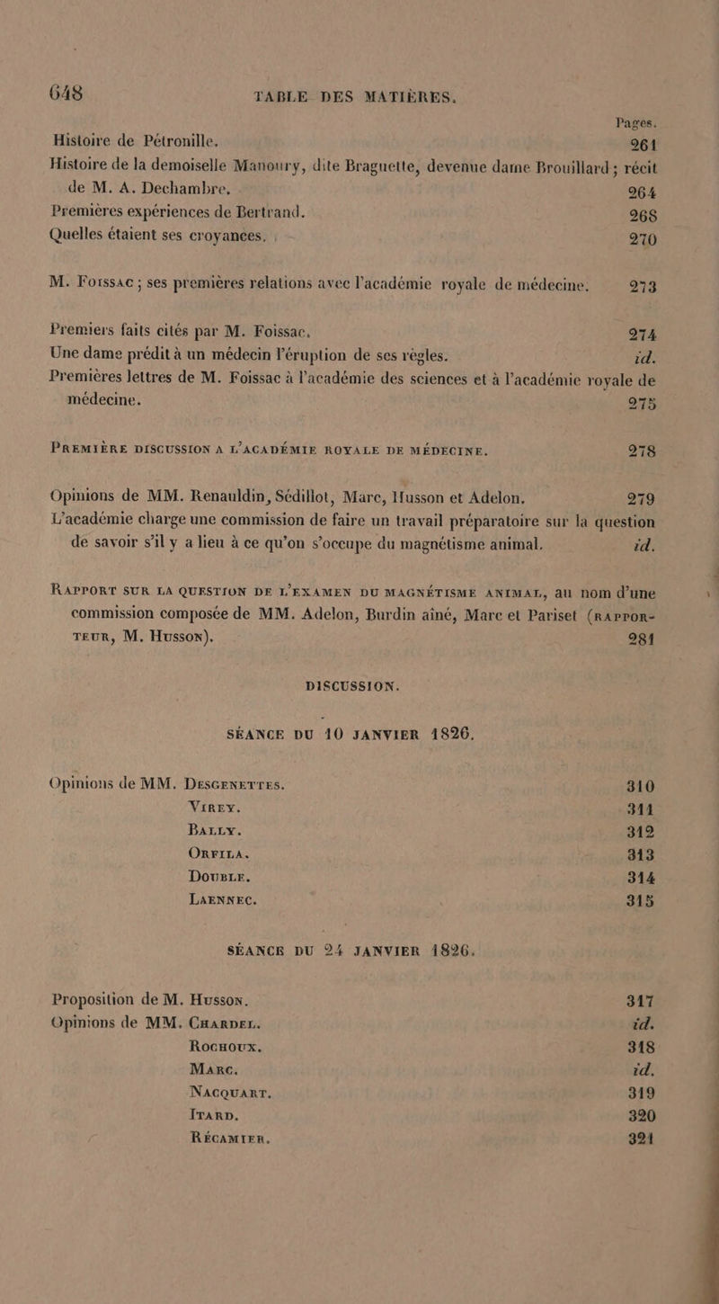Pages. Histoire de Pétronille. 261 Histoire de la demoiselle Manoury, dite Braguette, devenue darne Brouillard ; récit de M. A. Dechambre, 264 Premières expériences de Bertrand. 268 Quelles étaient ses croyances. 270 M. Forssac ; ses premières relations avec l'académie royale de médecine. 273 Premiers faits cités par M. Foissac, 274 Une dame prédit à un médecin éruption de ses régles. id. Premières lettres de M. Foissac à l'académie des sciences et à l'académie royale de médecine. 275 PREMIÈRE DISCUSSION À L’ACADÉMIE ROYALE DE MÉDECINE. 278 Opinions de MM. Renauldin, Sédillot, Mare, Husson et Adelon. 2719 L’académie charge une commission de faire un travail préparatoire sur la question de savoir sl y à lieu à ce qu’on s'occupe du magnétisme animal. id. RAPPORT SUR LA QUESTION DE L'EXAMEN DU MAGNÉTISME ANIMAL, al nom d’une commission composée de MM. Adelon, Burdin aîné, Marc et Pariset (RAPPoR- TEUR, M. Husson). 281 DISCUSSION. SÉANCE DU 10 JANVIER 1826, Opinions de MM. DESGENETTES. 310 VIREY. 311 BarLy. 312 ORFILA. 313 Doveze. 314 LAENNEC. 315 SÉANCE DU 24% JANVIER 1826. Proposition de M. Hussox. 317 Opinions de MM. CHARDEr. id. RocHoux. 318 Marc. id. Nacquarr, 319 IrARD. 320 RÉGCAMIER, 921